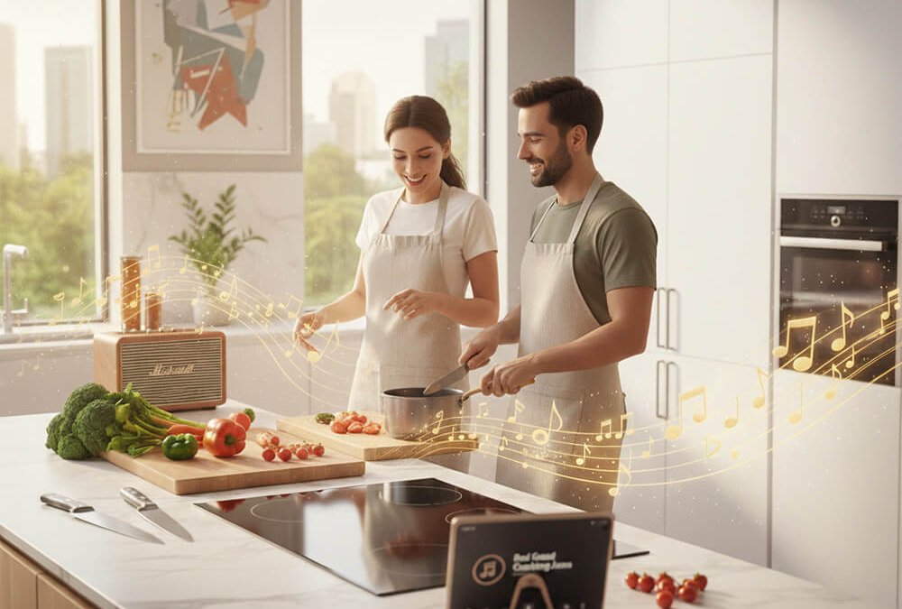 Musik beim Kochen in einer offenen Küche mit entspannter Atmosphäre beim Zubereiten.