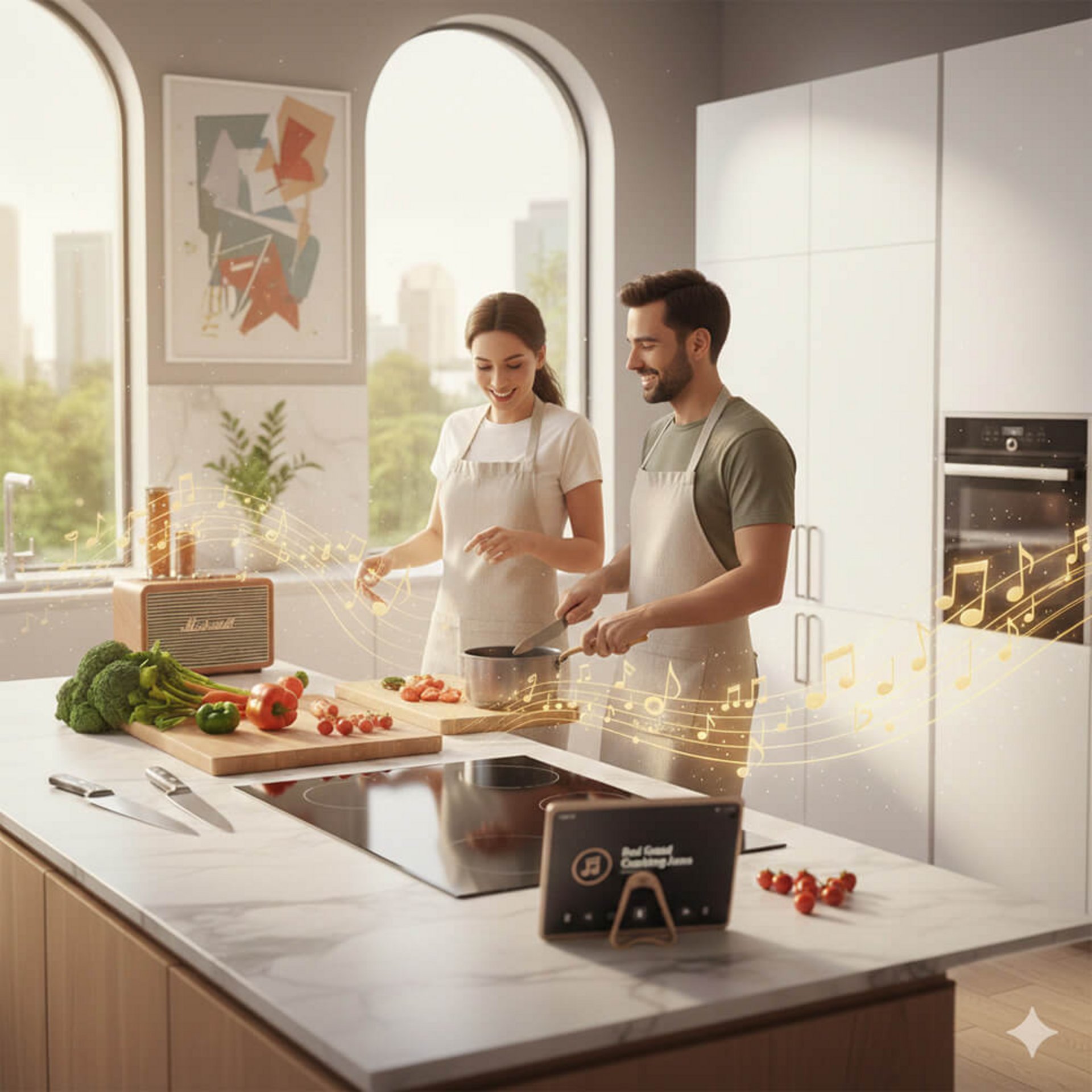 Musik beim Kochen in einer offenen Küche mit entspannter Atmosphäre beim Zubereiten.