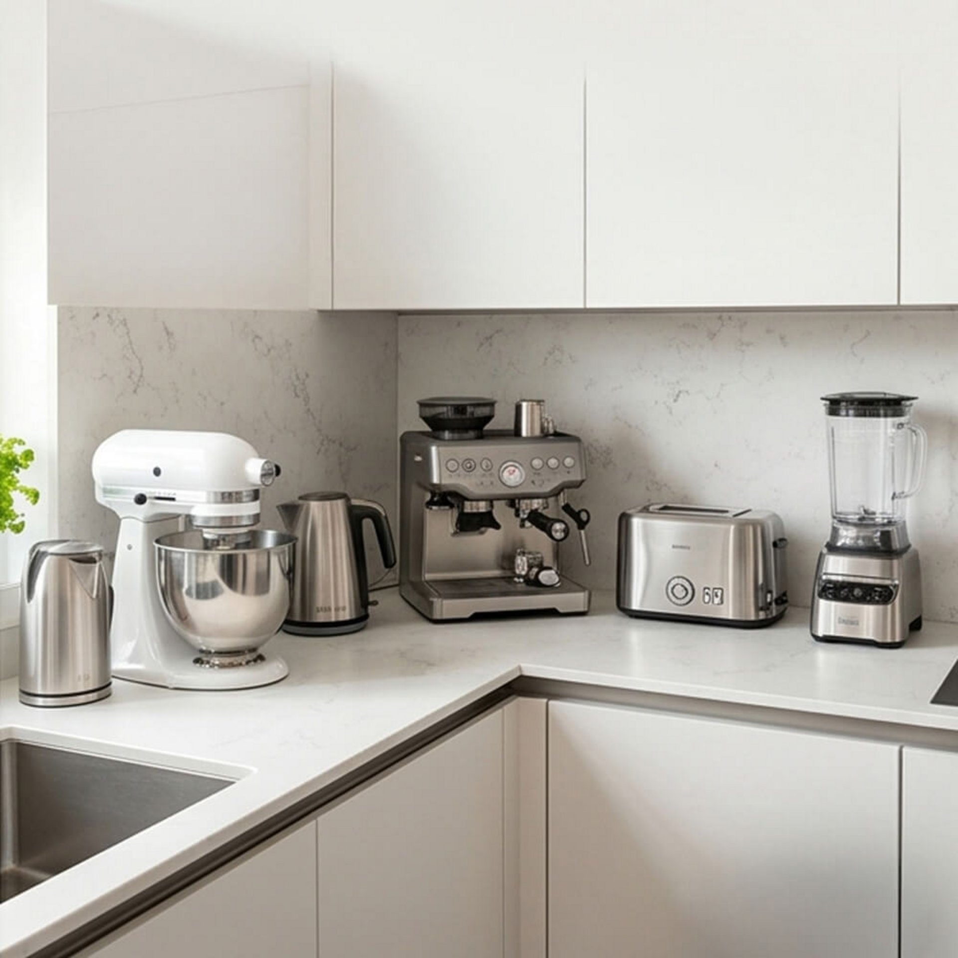 Moderne Küchenecke mit Kaffeemaschine und Küchenzubehör auf der Arbeitsplatte