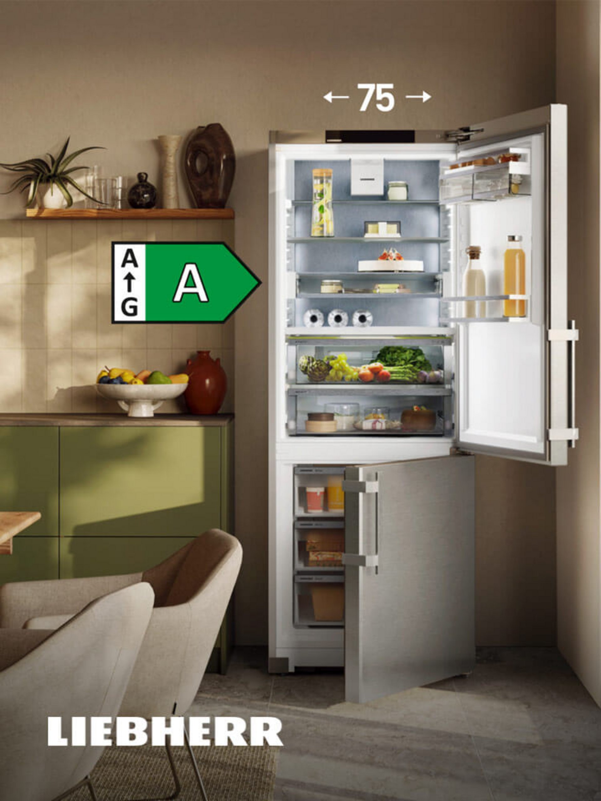 Freistehender Liebherr Kühlschrank, 75 cm breit – energieeffiziente Kühl-Gefrierkombination für Wohnküchen