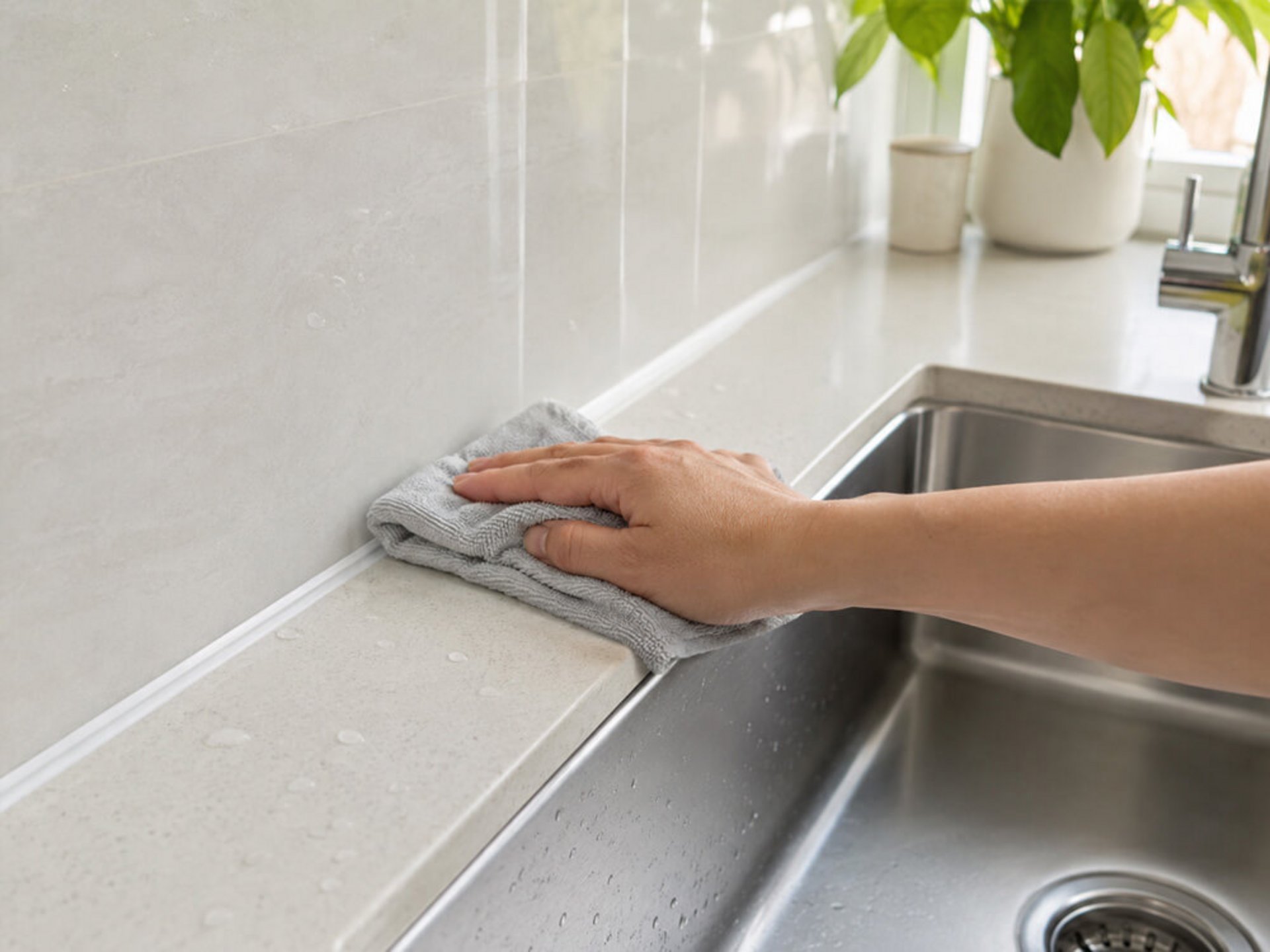 Person kontrolliert Silikonfugen in der Küche mit der Hand