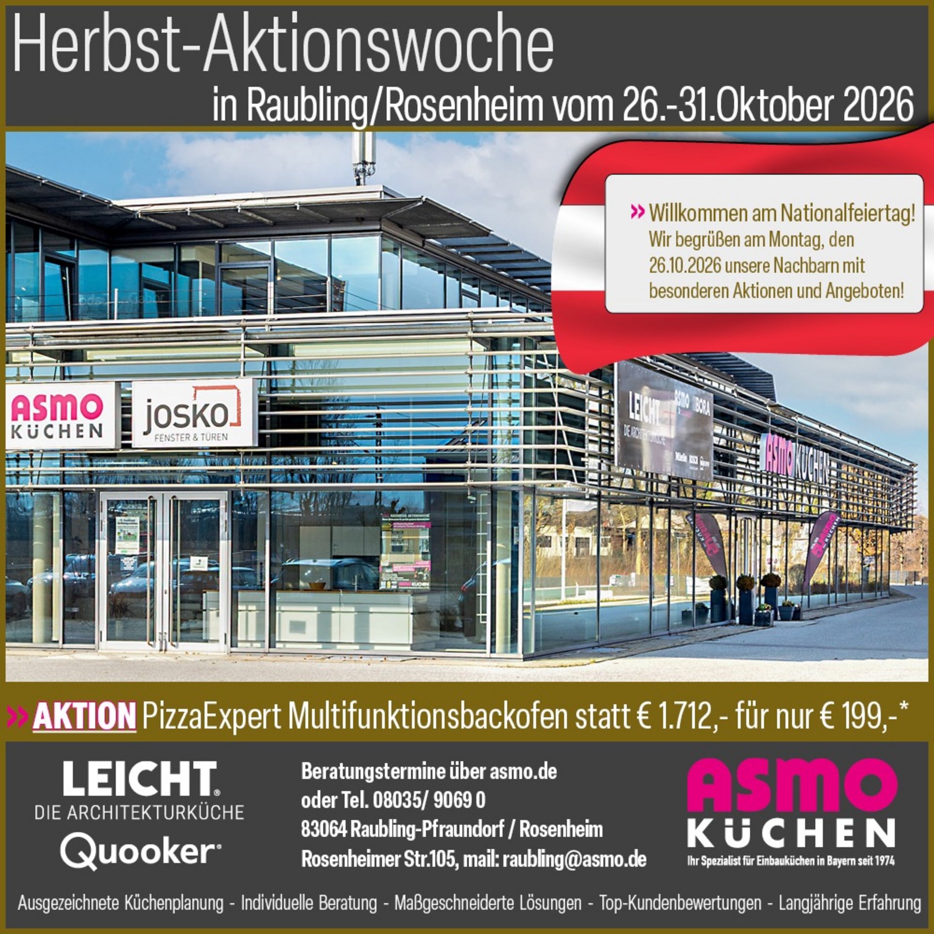 Herbst-Aktionswoche ASMO KÜCHEN Raubling: Außenansicht des Studios mit Aktion auf den AEG PizzaExpert Backofen