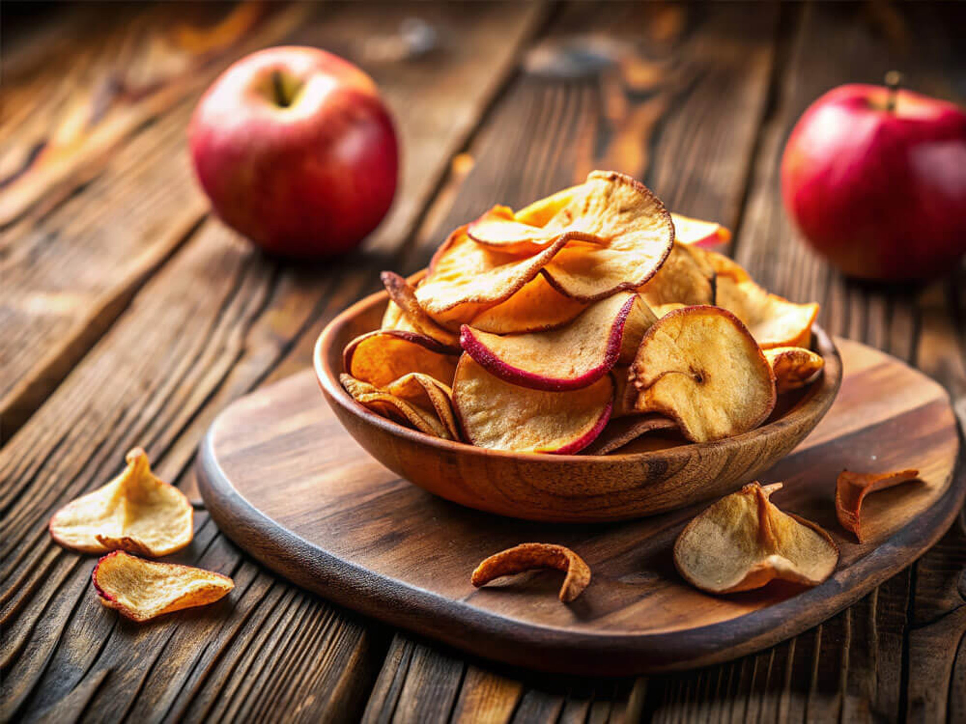 Getrocknete, knusprige Apfelchips in weißer Schale auf Holztisch mit frischen Äpfeln – idealer gesunder Snack