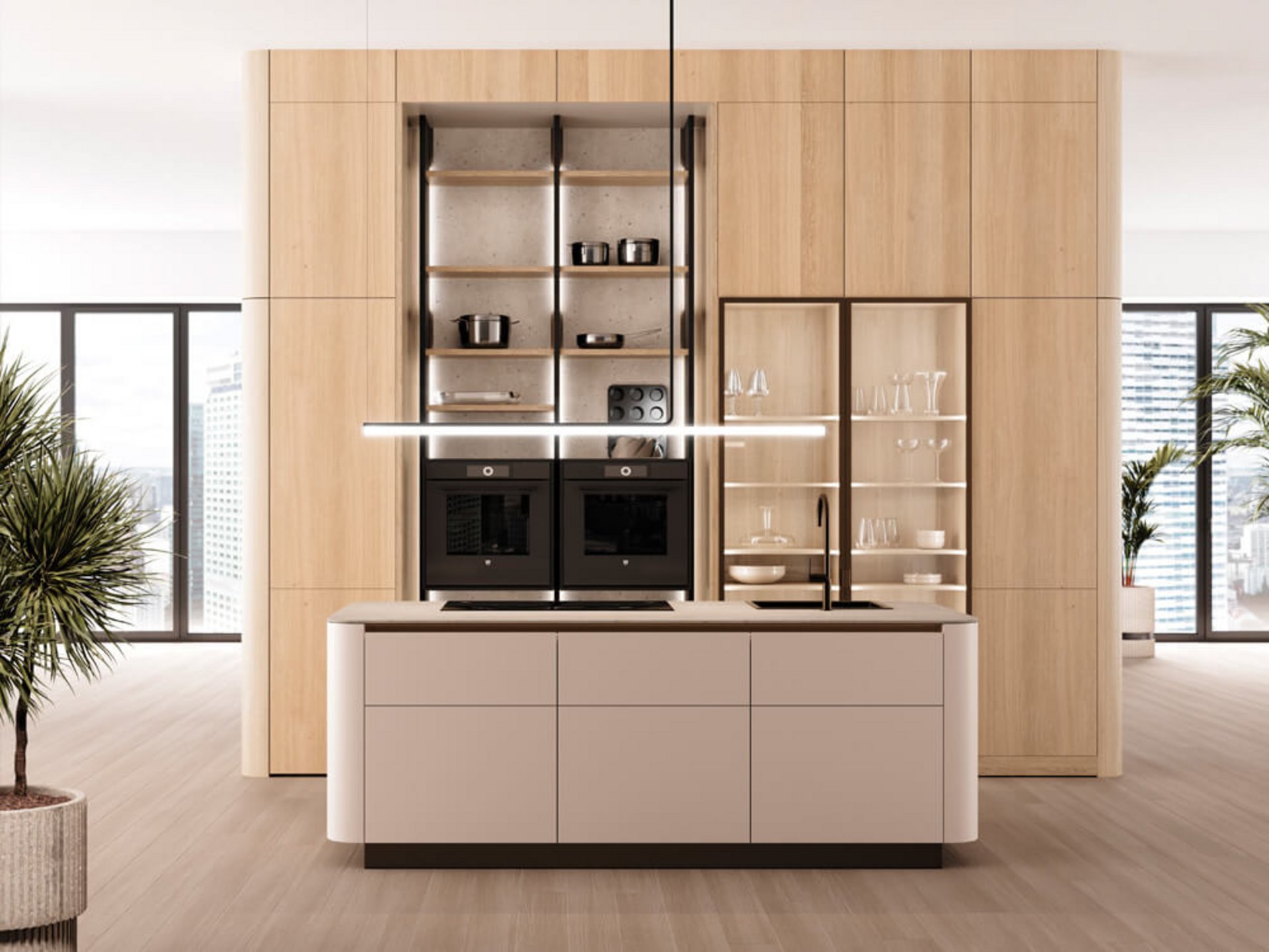 Exklusives Küchendesign einer LEICHT Küche mit symmetrischen Rundwangen und deckenhohen Hochschrank-Elementen für eine elegante Ästhetik.