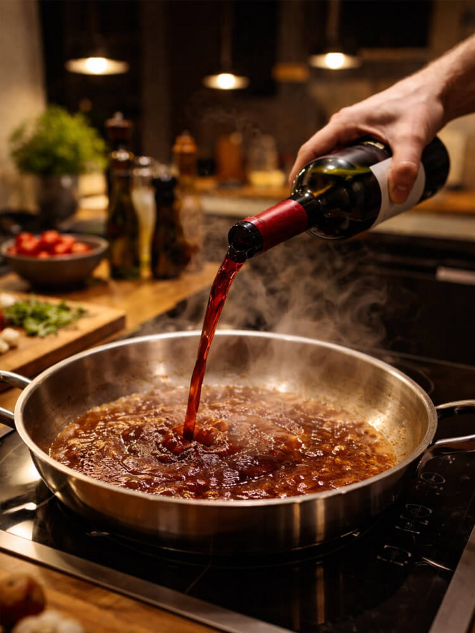 Bratenansatz mit Rotwein abgeloescht – fuer intensiven Geschmack in der Rotwein-Sosse.