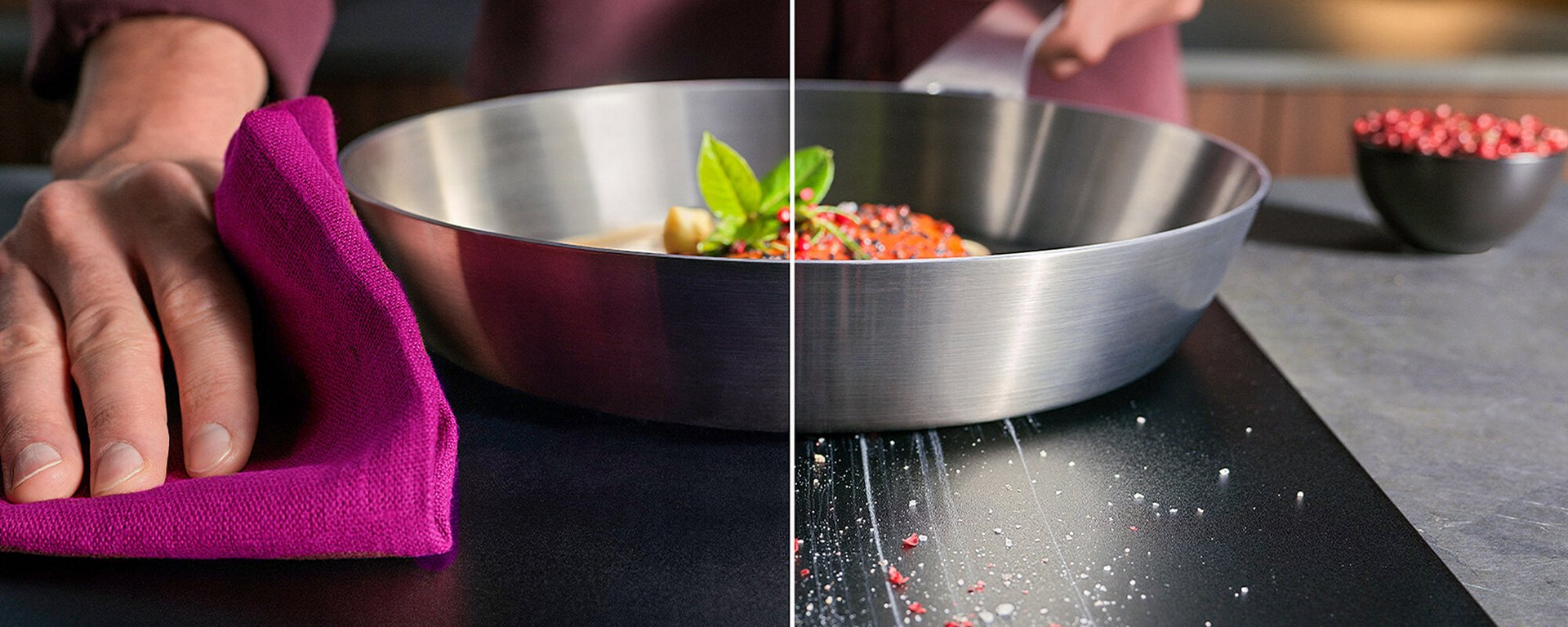 AEG SaphirMatt® Induktionskochfeld im Vergleich zu Standard-Glaskeramik – matte Oberfläche, Reinigung und Vorteile