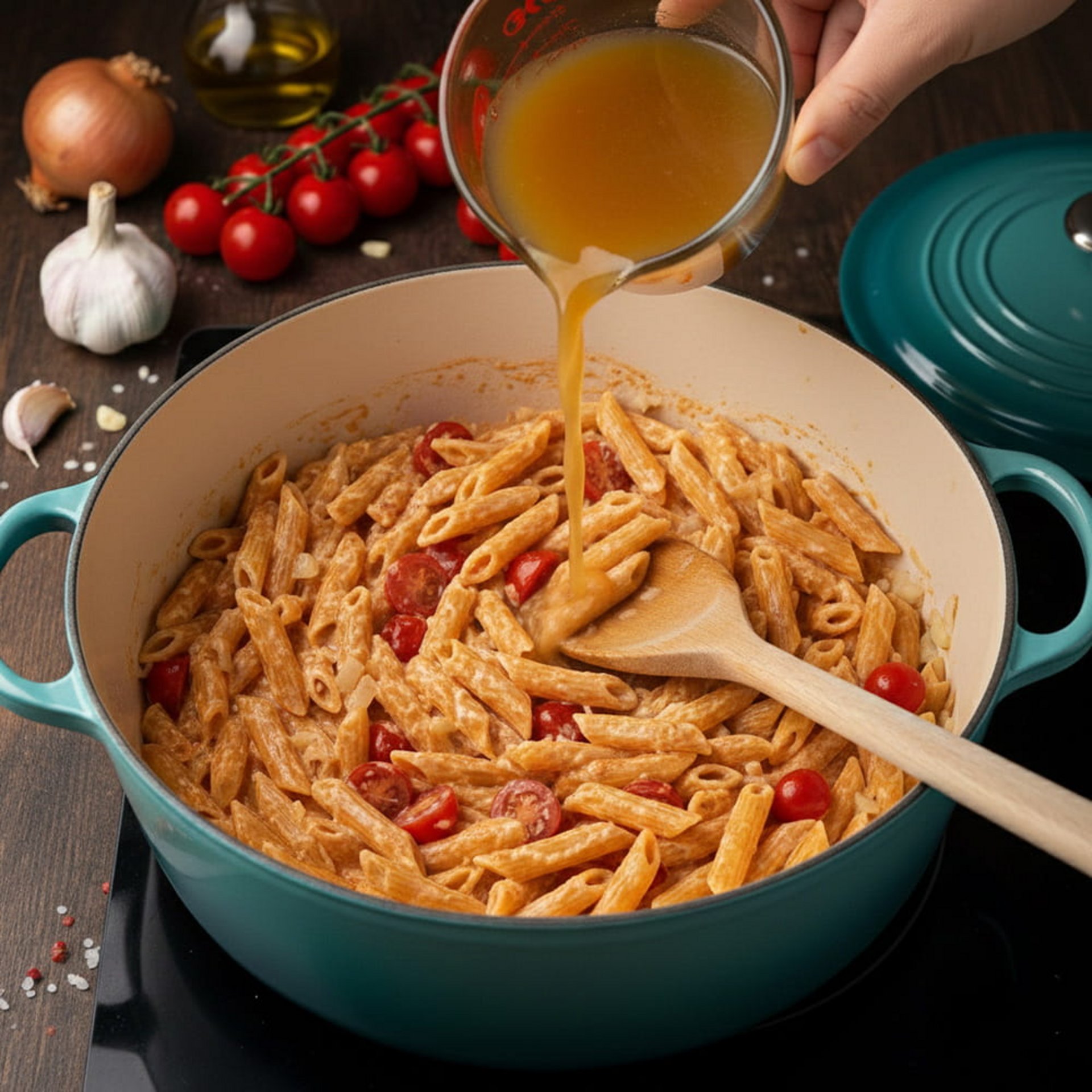 Gemüsebrühe wird über Penne und Kirschtomaten gegossen – One-Pot-Pasta Schritt für Schritt.
