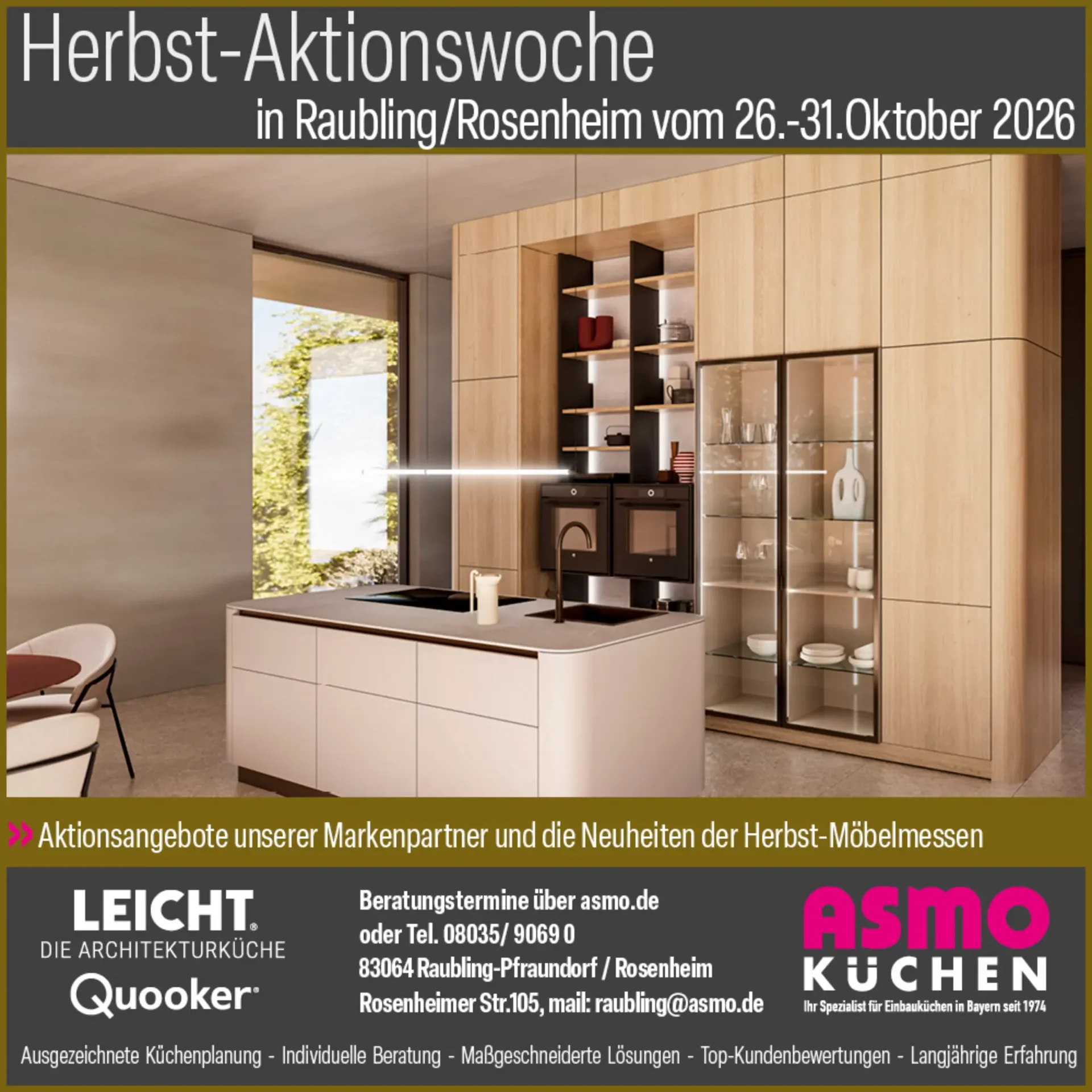 Visualisierung einer Küche mit hellen Fronten, Holzschränken und Kochinsel als Motiv der Herbst-Aktionswoche in Raubling