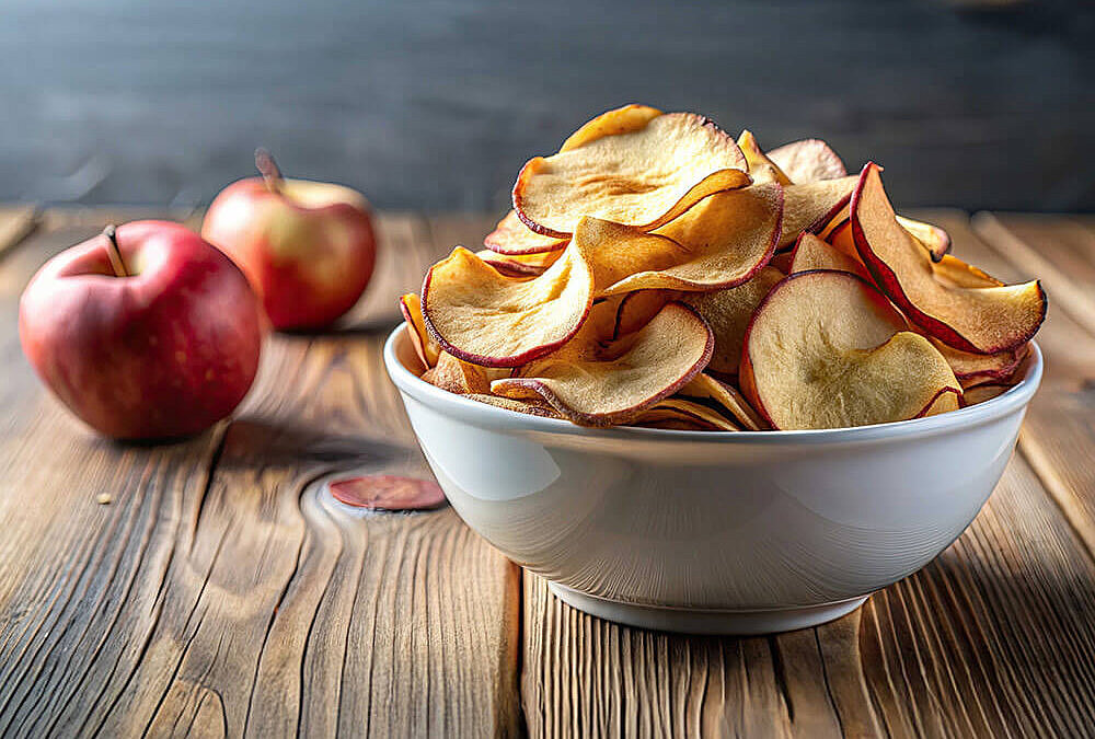 Knusprige Apfelchips in einer Holzschale auf rustikalem Holztisch, mit frischen Äpfeln im Hintergrund
