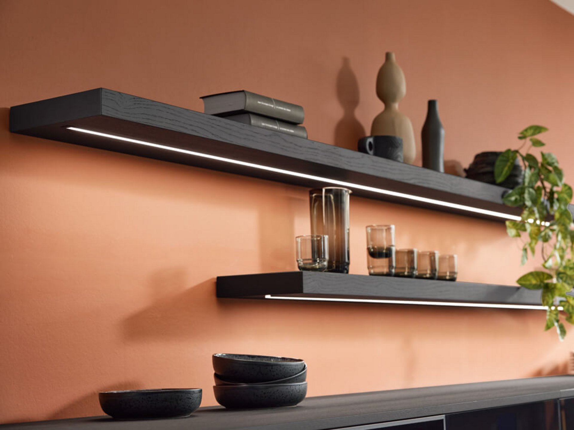 Wandboards mit LED-Unterbaubeleuchtung im Küchenbereich