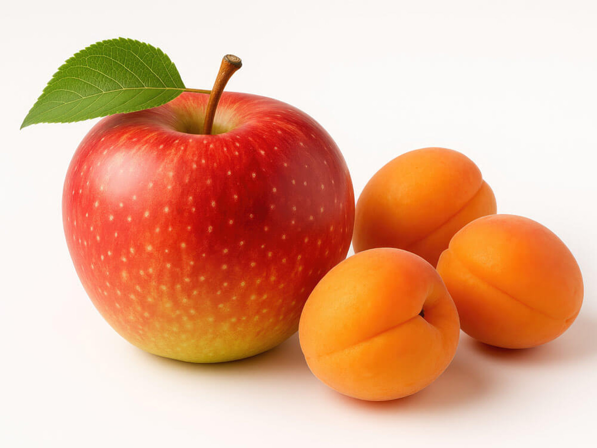 Ein glänzender roter Apfel mit Blatt und drei reife, orangefarbene Aprikosen auf weißem Hintergrund.