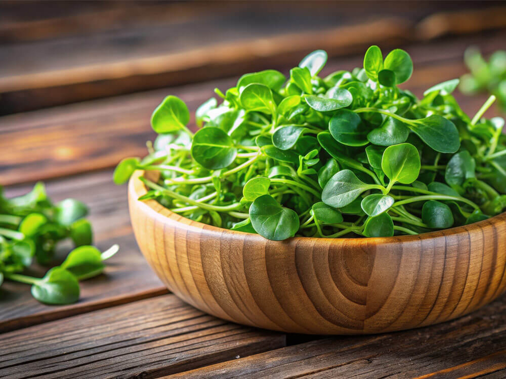 Holzschale, mit Brunnenkresse, die ideal für gesunde Brunnenkresse-Rezepte sind