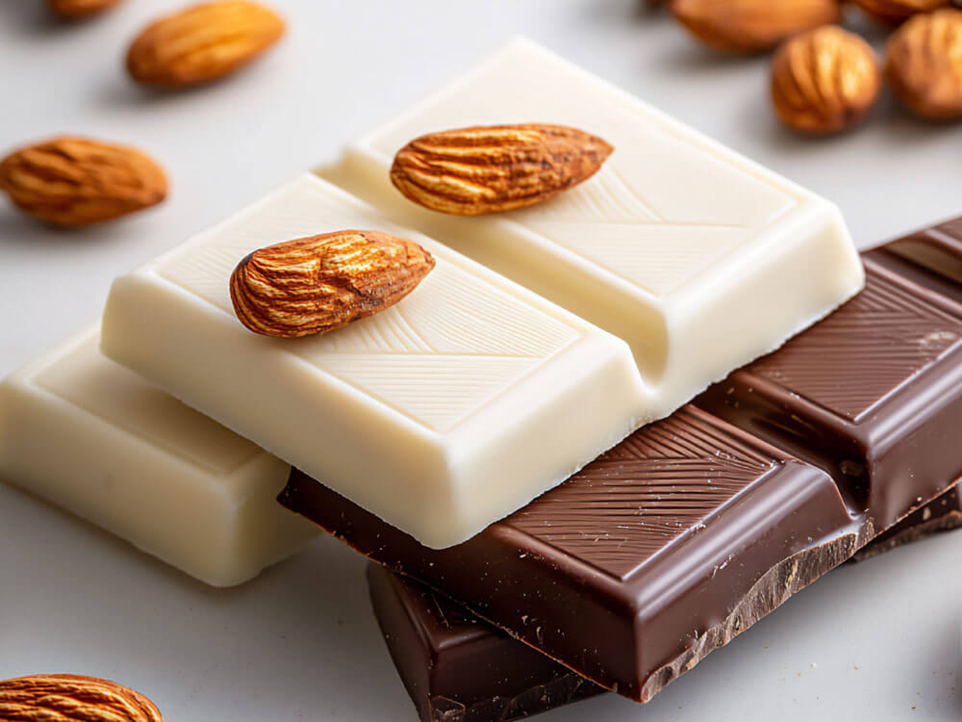 Weiße und dunkle Schokoriegel mit Mandeln. Perfekt für Schokoladenliebhaber und süße Rezepte.