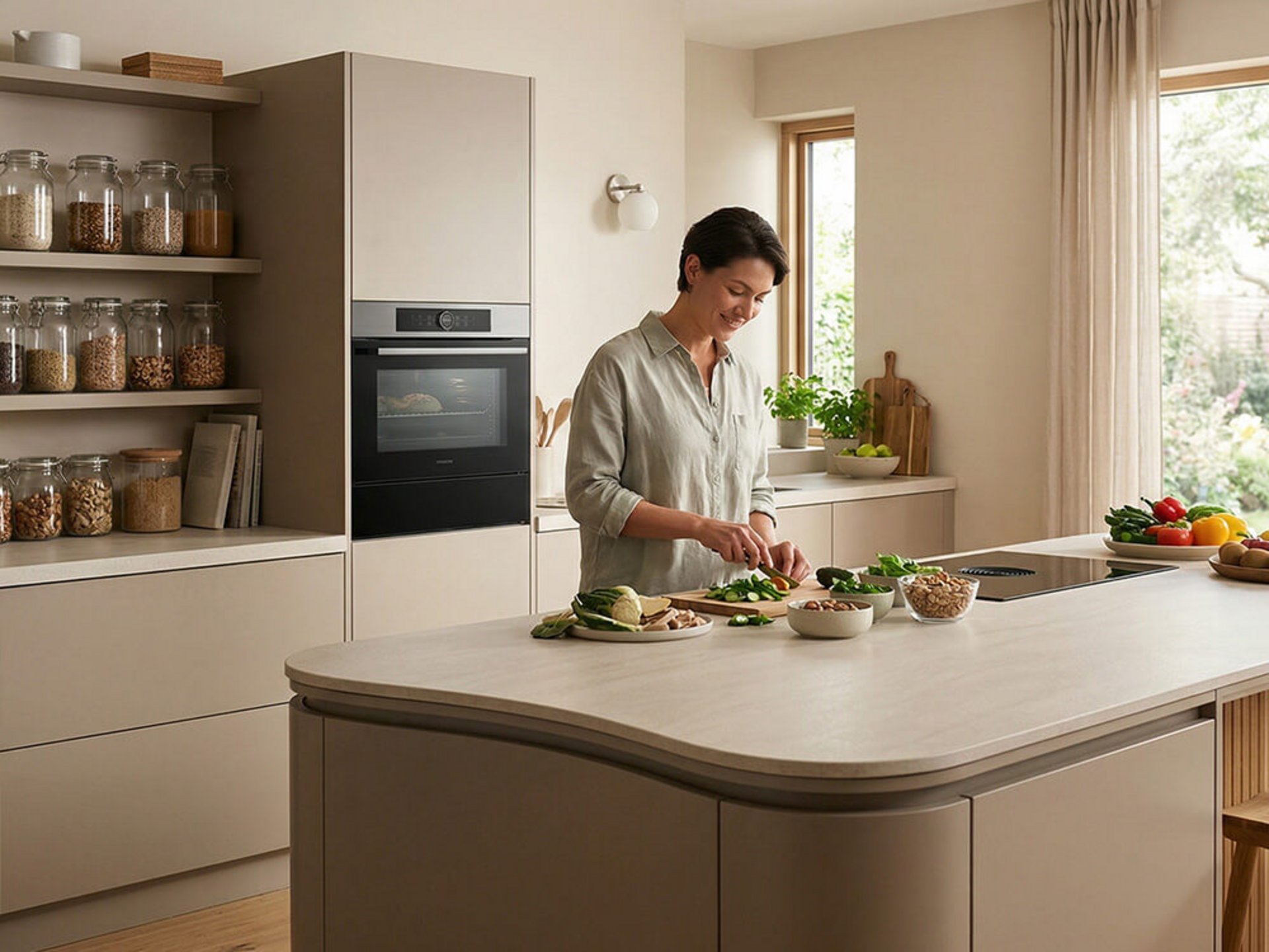 Frau arbeitet an einer hellen Kücheninsel in einer ergonomisch geplanten Küche mit Vorratsregalen und Einbaubackofen.