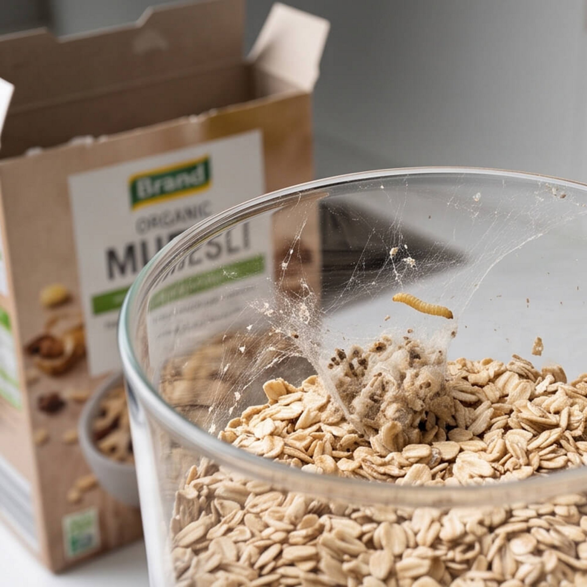 Geöffnete Müsliverpackung mit Hinweis auf Lebensmittelmotten und Larven