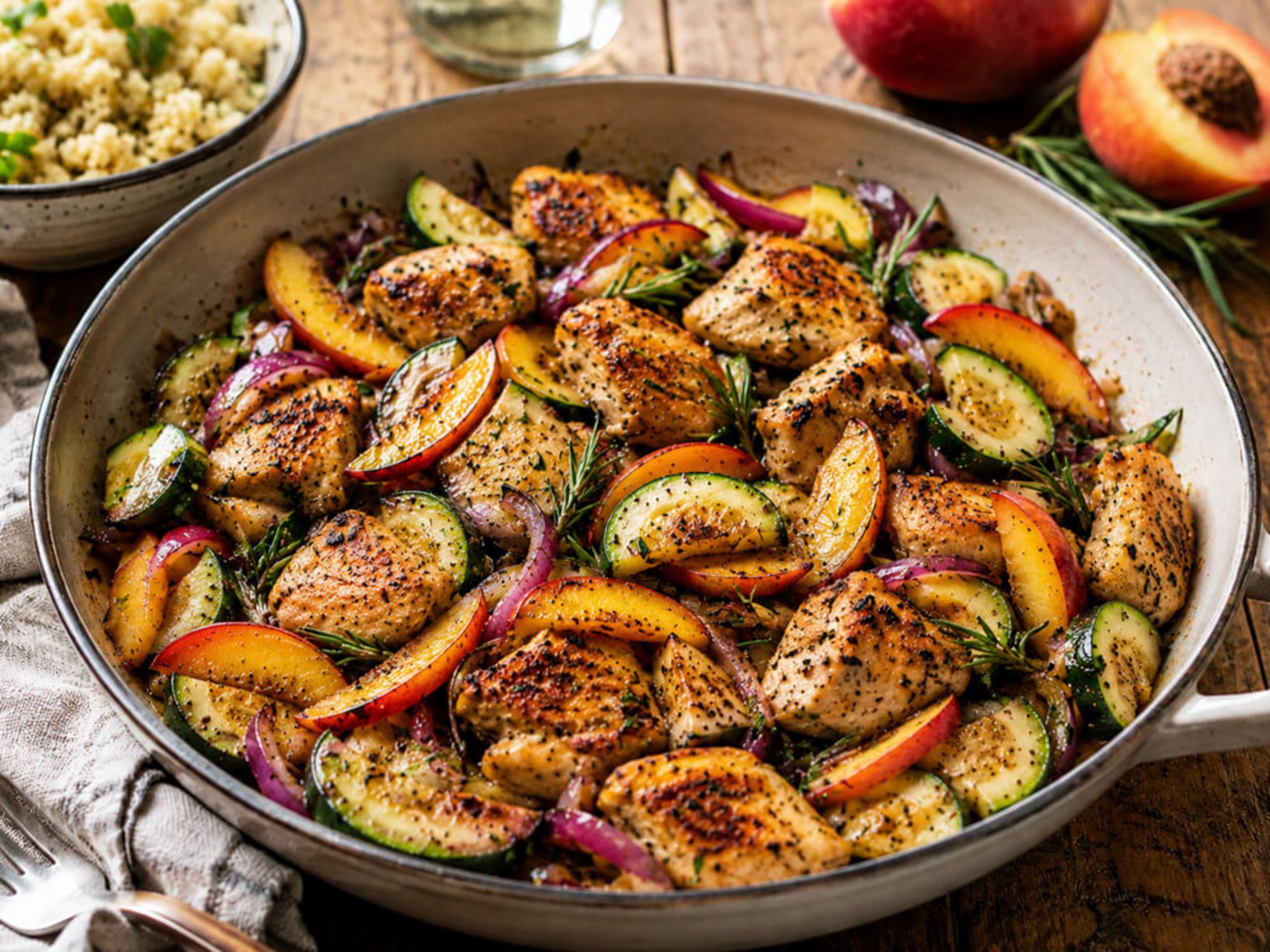 Hähnchen-Pfirsich-Pfanne mit Zucchini, Pfirsichen und Rosmarin in einer Pfanne