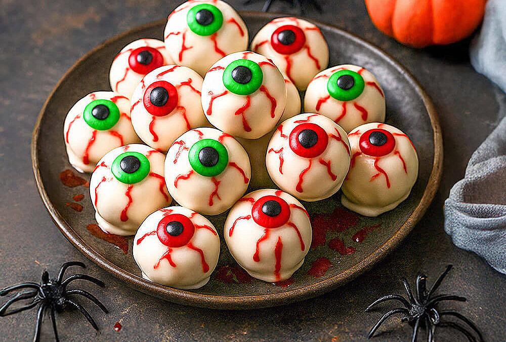 Monster-Augen-Trüffel auf Teller – gruselige Halloween-Süßigkeit aus weißer Schokolade zum Selbermachen