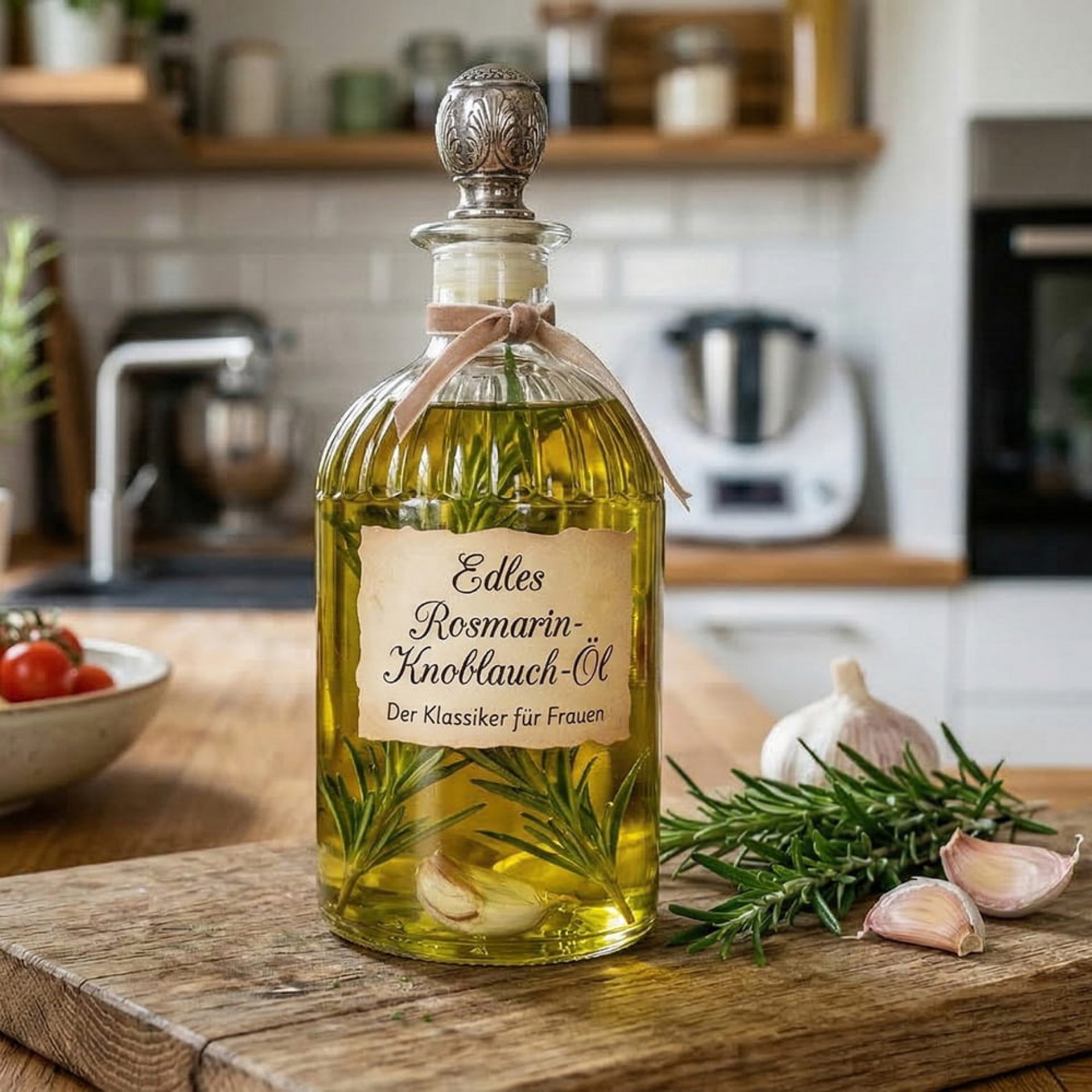 Edles Rosmarin-Knoblauch-Öl in einer verzierten Dekoflasche als mediterranes Highlight für die Küchen-Einrichtung und Geschenkidee für Frauen