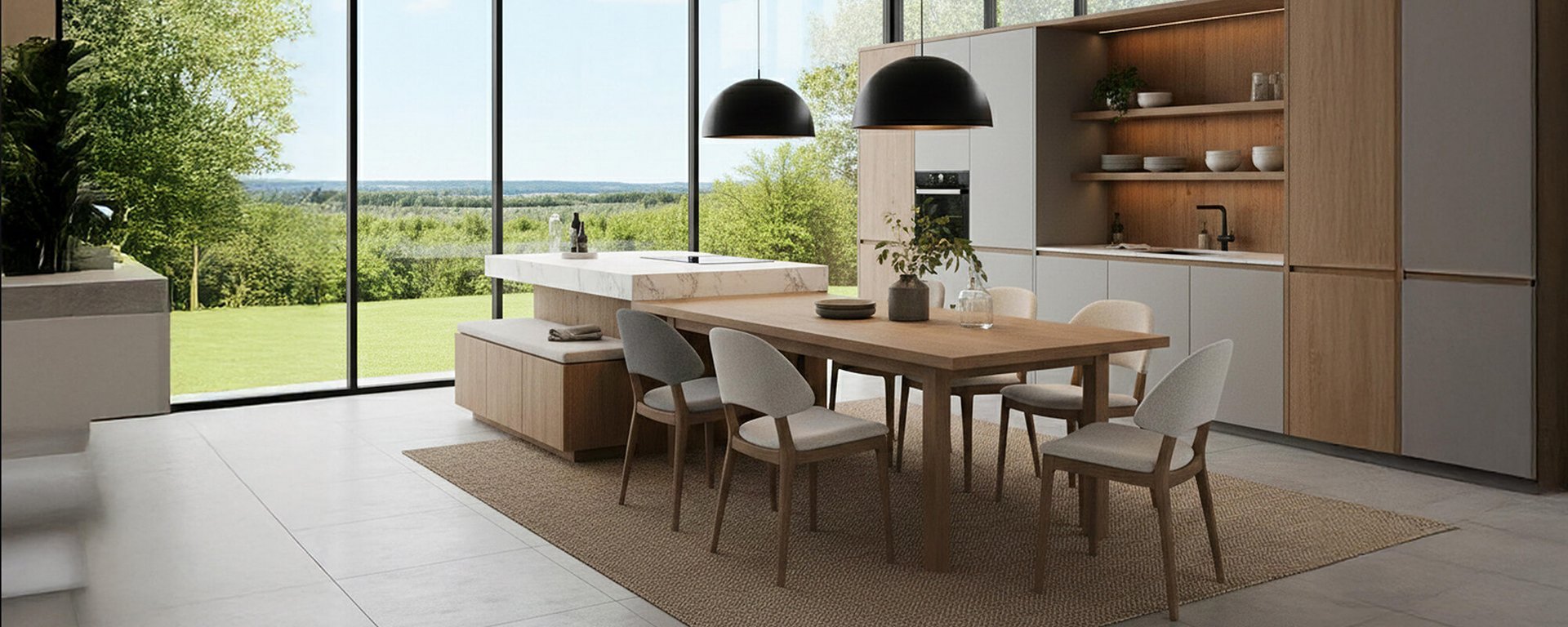 Moderne Küche als ruhiger und minimalistischer Wohlfühlort mit warmem Licht