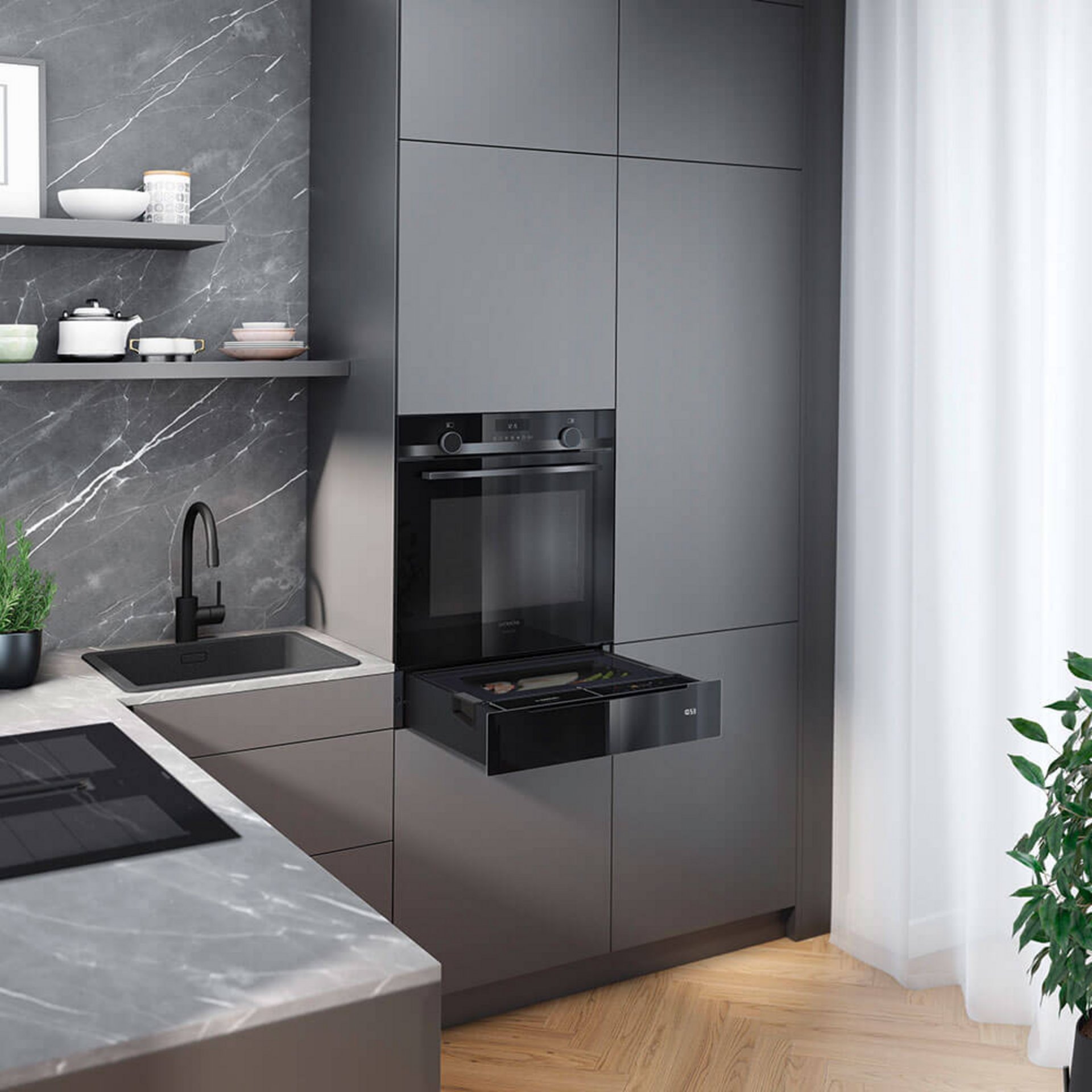 Siemens Dampfschublade iQ700 – platzsparende Einbauintegration in Hochschrank