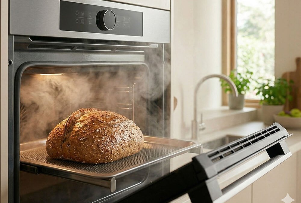 Frau arbeitet an einer hellen Kücheninsel in einer ergonomisch geplanten Küche mit Vorratsregalen und Einbaubackofen.