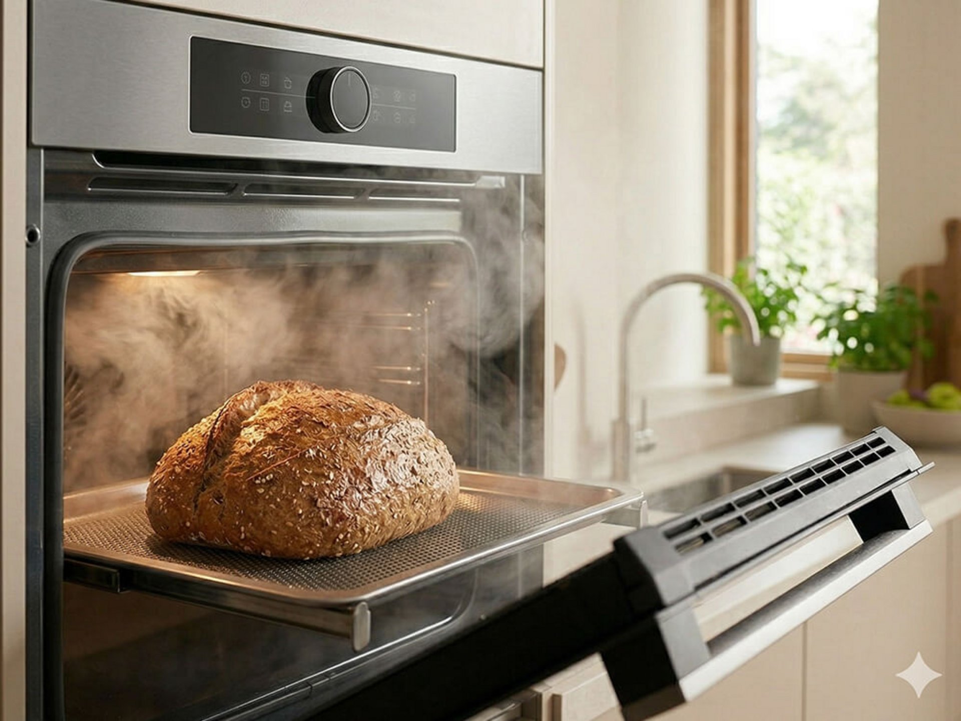 Frau arbeitet an einer hellen Kücheninsel in einer ergonomisch geplanten Küche mit Vorratsregalen und Einbaubackofen.