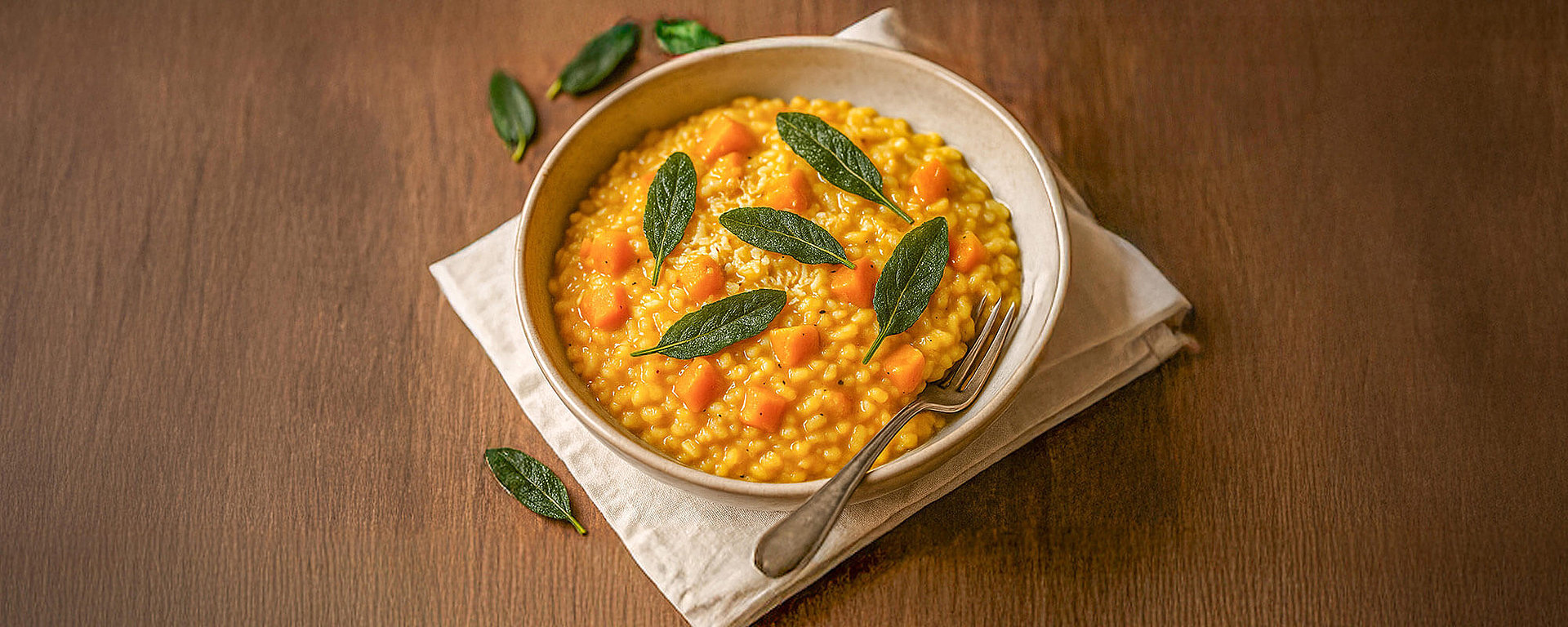 Cremiges Kürbis-Risotto mit frischem Salbei in einer Schüssel serviert