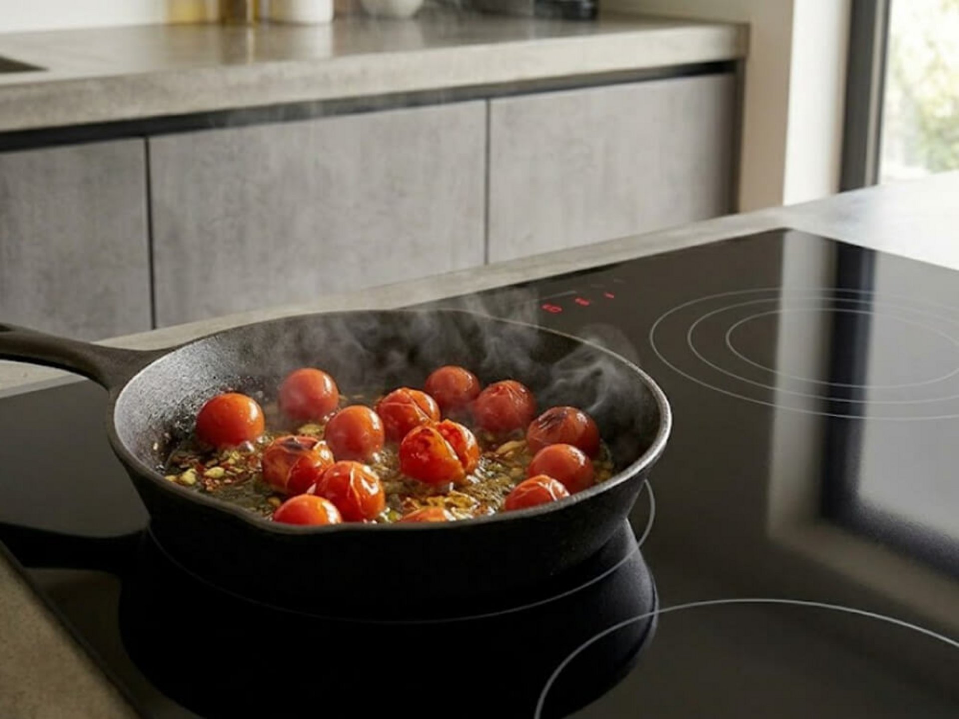 Cherrytomaten schmoren in einer Pfanne auf dem Herd