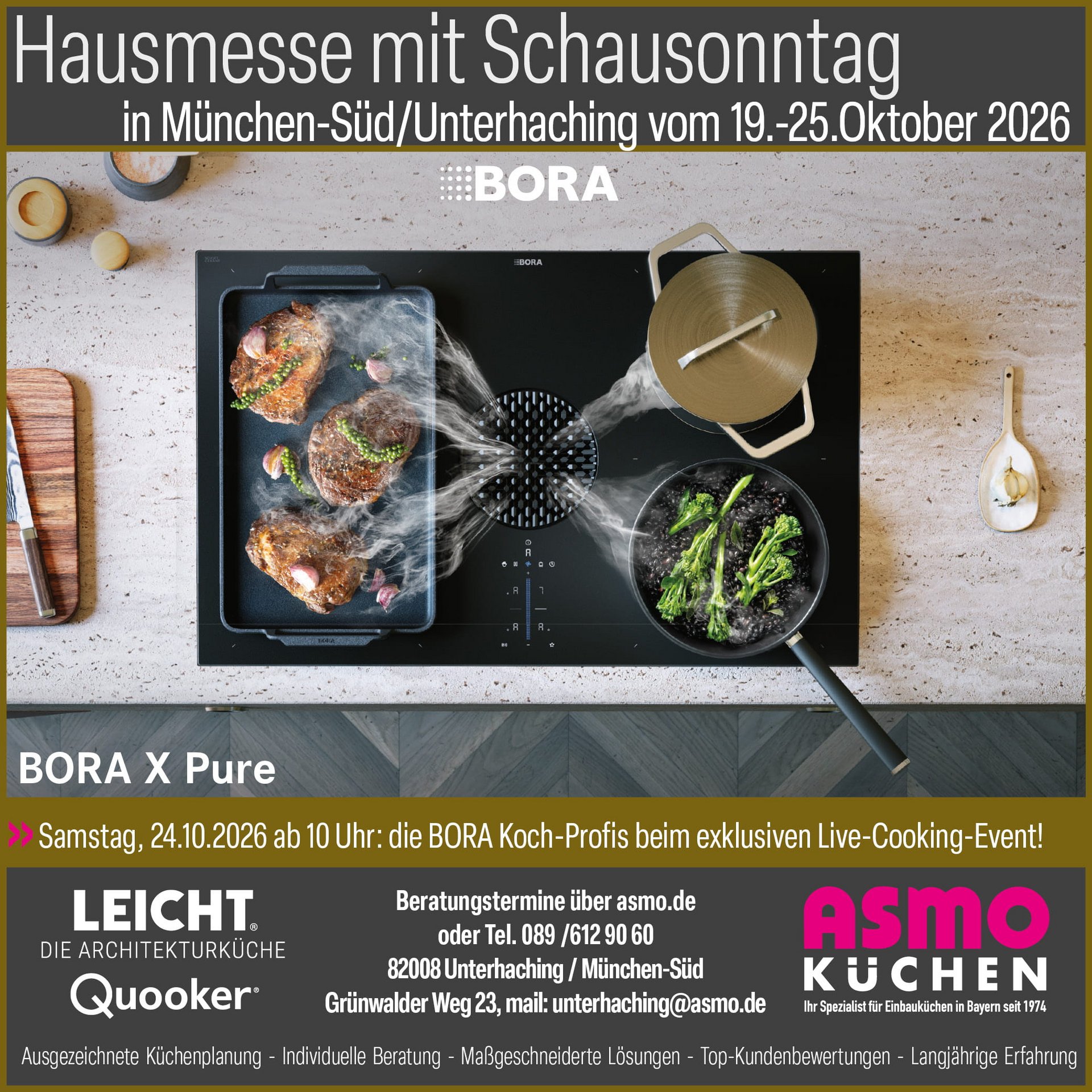 BORA X Pure Kochfeld mit integriertem Dunstabzug, Steaks und Pfanne mit Brokkoli 