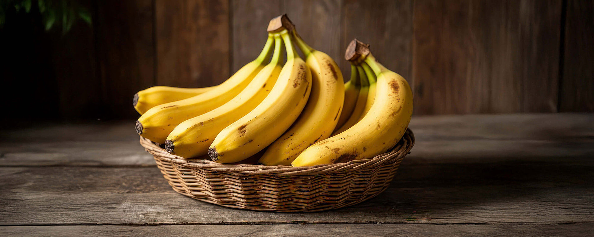 Braune Bananen im Korb auf Holztisch. Braune Bananen verwerten und Lebensmittel retten, statt sie wegzuwerfen.