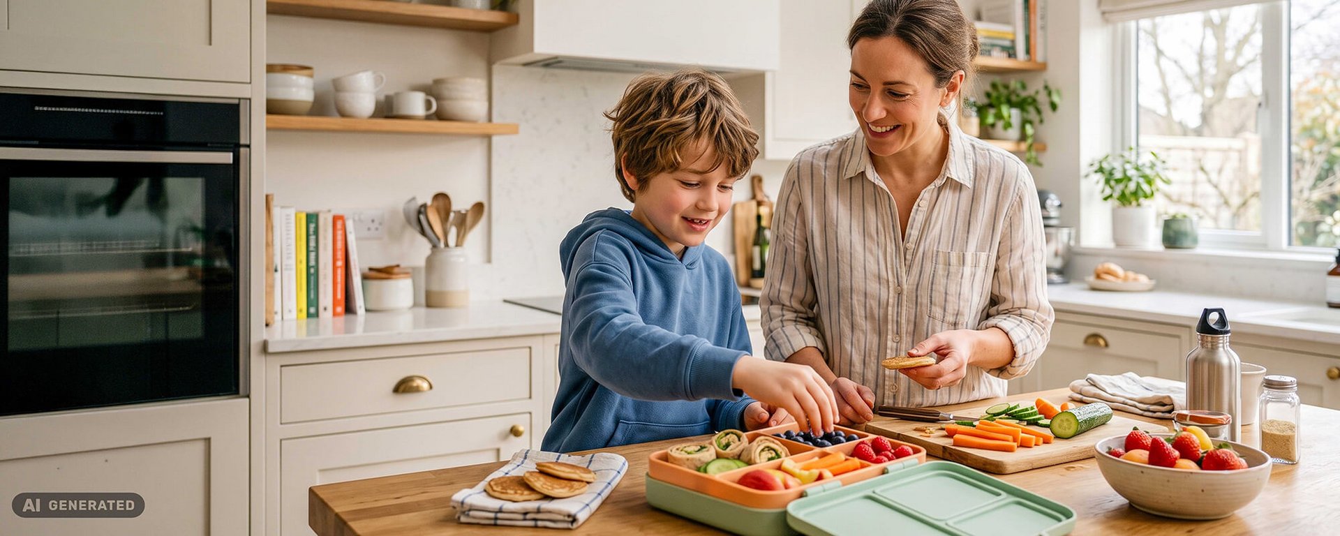 Mutter und Kind bereiten gemeinsam gesunde Snacks für eine Brotbox vor