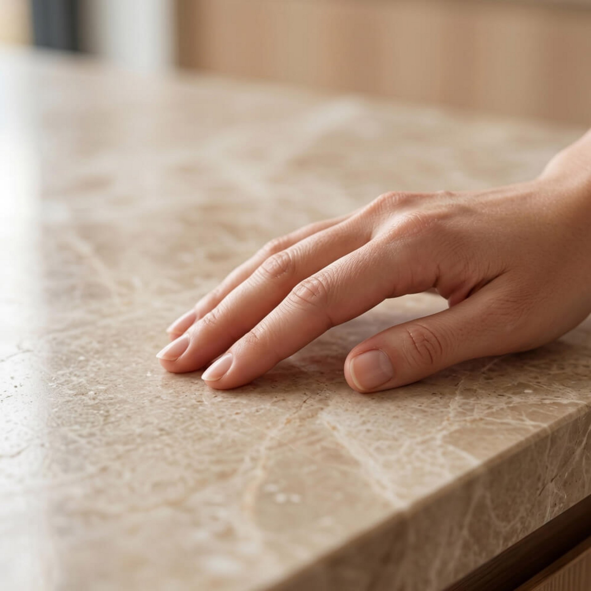 Hand auf Naturstein-Arbeitsplatte in moderner Küche