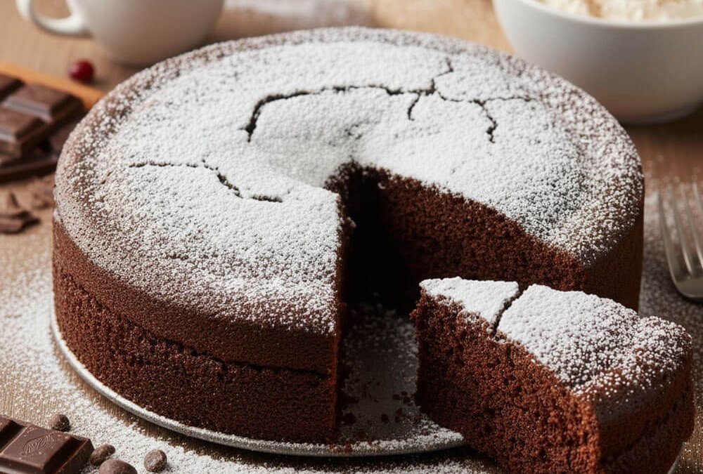 Anschnitt eines saftigen Schokoladenkuchens mit Puderzucker und Schokostückchen