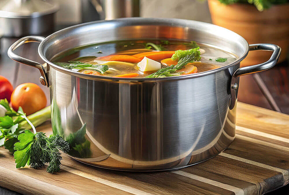 Gesunde Gemüsebrühe selbst gemacht in einem Topf in der Küche