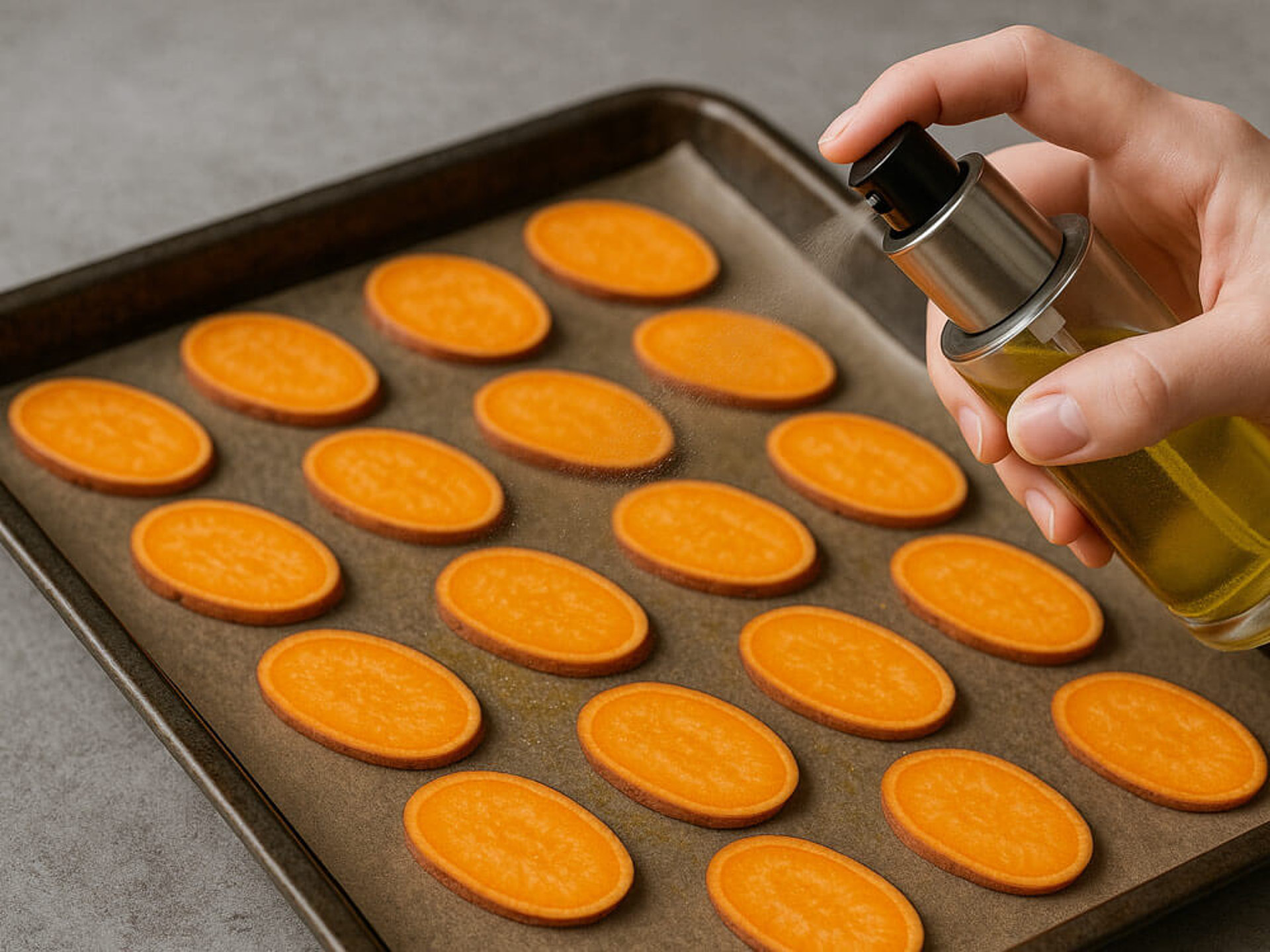 Gesunde Gemüsechips Tipps – Hand besprüht dünne Süßkartoffelscheiben auf Backblech mit Öl für mehr Knusprigkeit