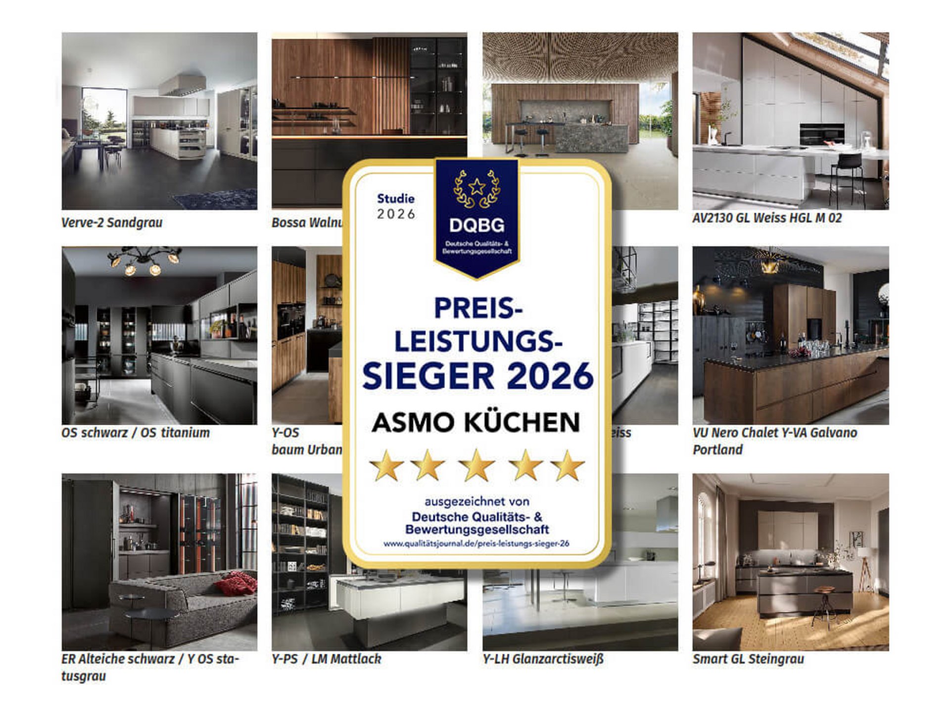DQBG-Siegel „Preis-Leistungs-Sieger 2026“ für ASMO KÜCHEN vor verschiedenen Küchenmodellen