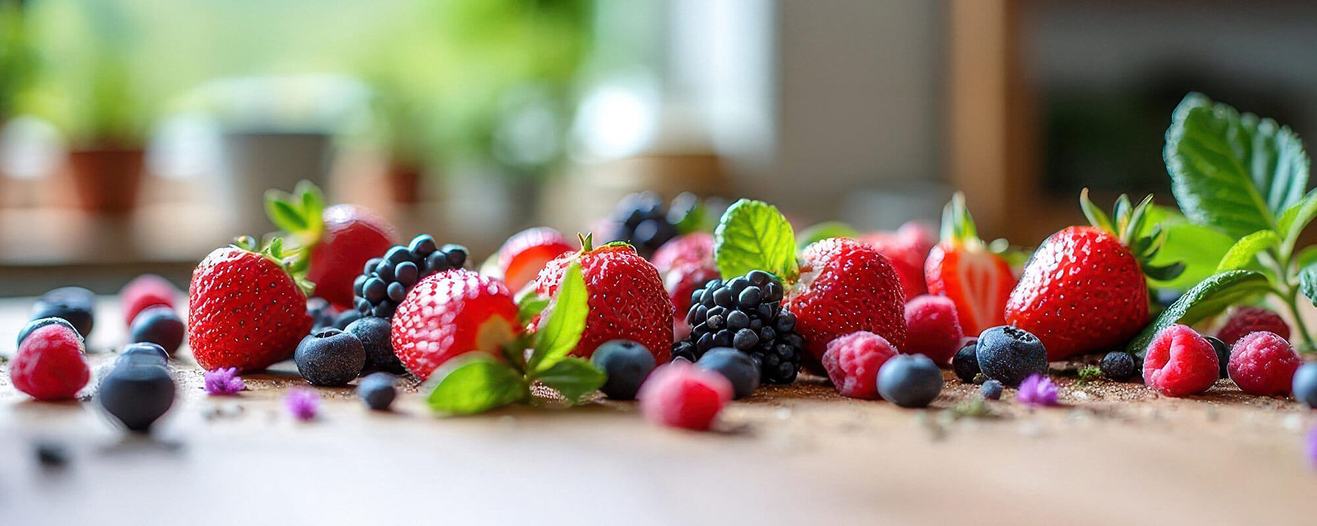 Frisches Obst - Sommerbeeren wie Erdbeeren, Himbeeren, Heidelbeeren und Brombeeren. Perfekt für gesunde Ernährung