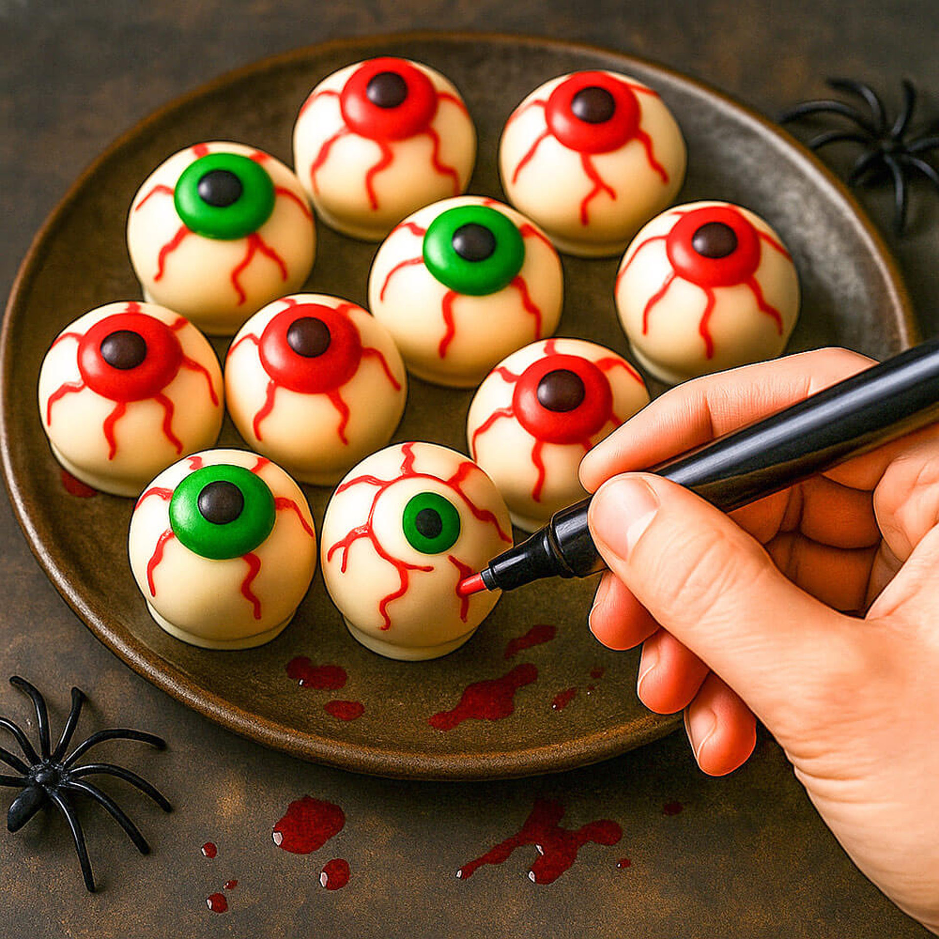 Monster-Augen-Trüffel verzieren mit Lebensmittelstift – rote Adern für gruselige Halloween-Trüffel