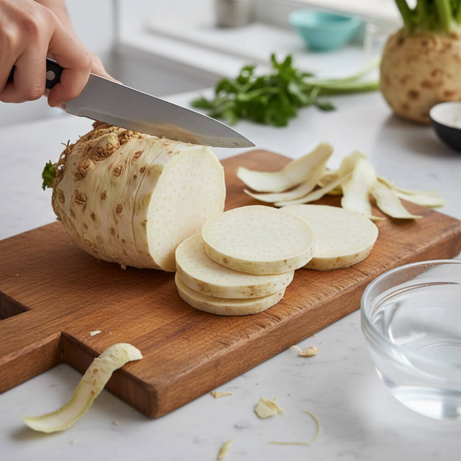 Hände schneiden eine frische Sellerieknolle in gleichmäßige Scheiben zur Zubereitung von Sellerieschnitzel.
