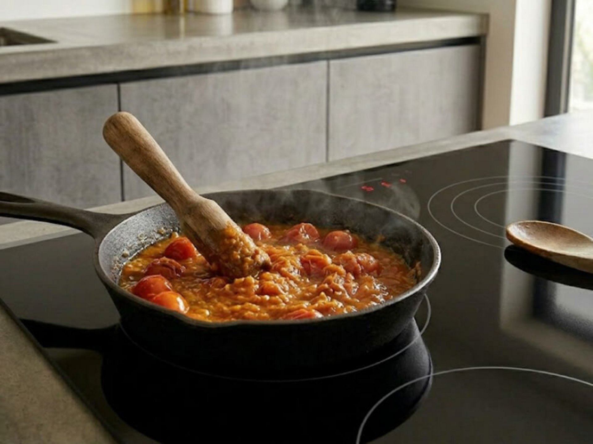 Geschmorte Cherrytomaten werden in einer Pfanne zu einer Sauce zerdrückt