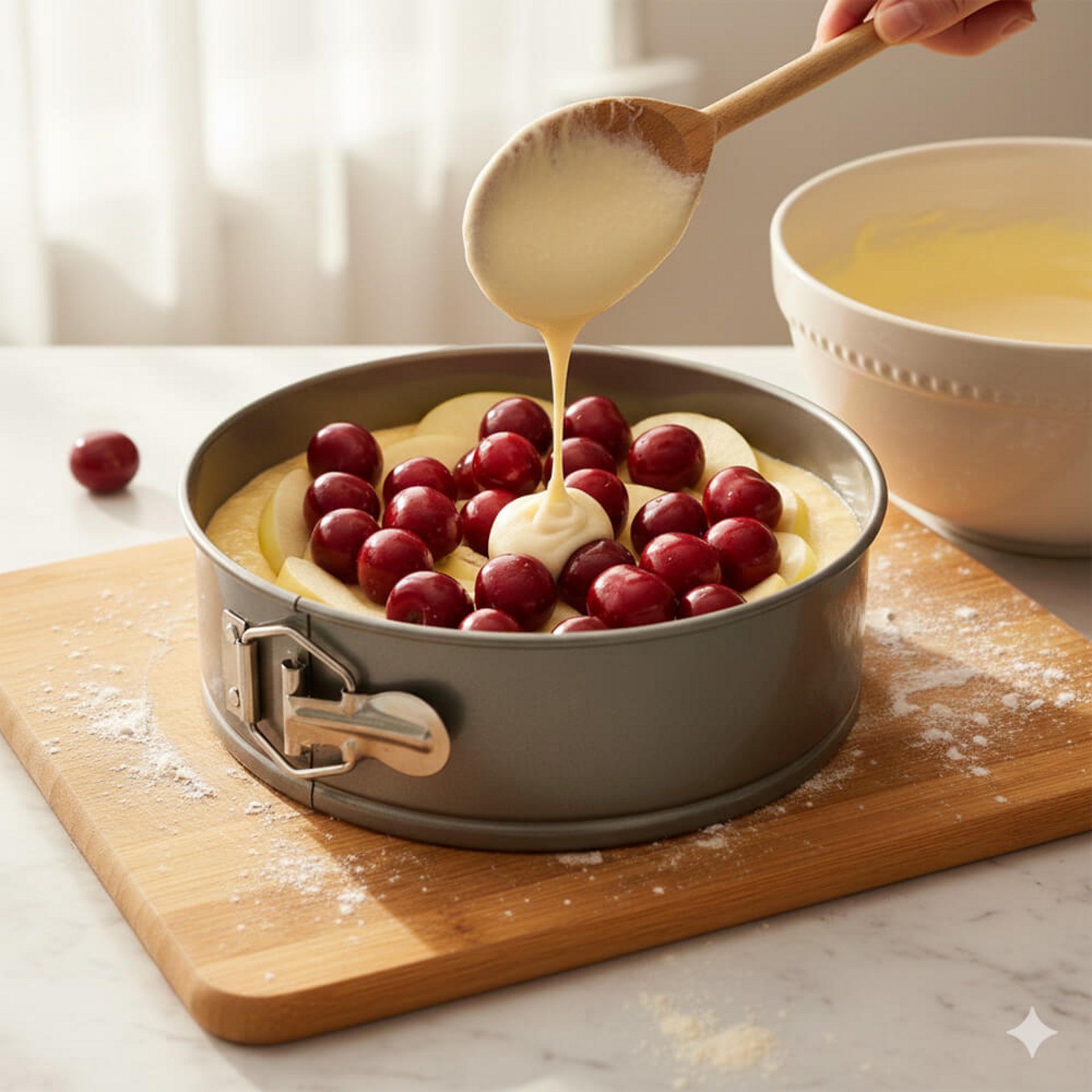 Schicht-Methode: Teig über Kirschen und Äpfel geben, damit Obst im Kuchen gleichmäßig verteilt bleibt.