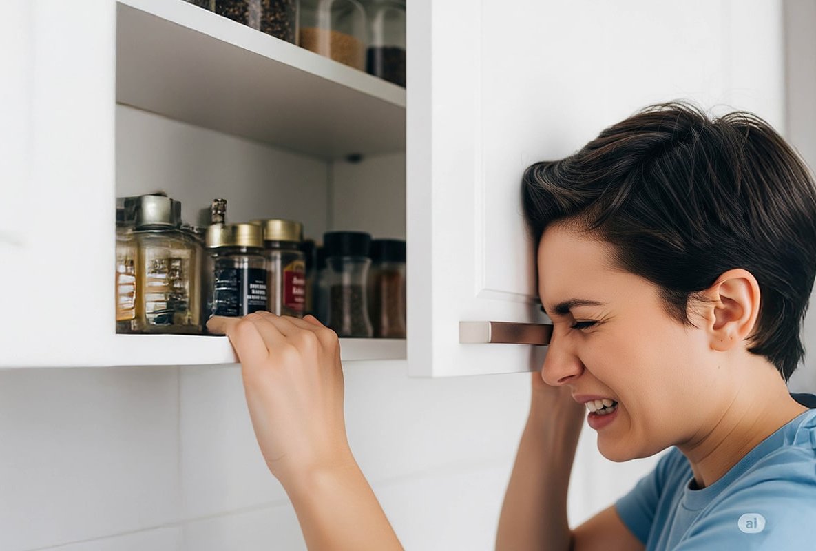 Frau stößt sich Kopf an Oberschrank. Ergonomie Küchenplanung verhindert Kopfstöße und Rückenschmerzen