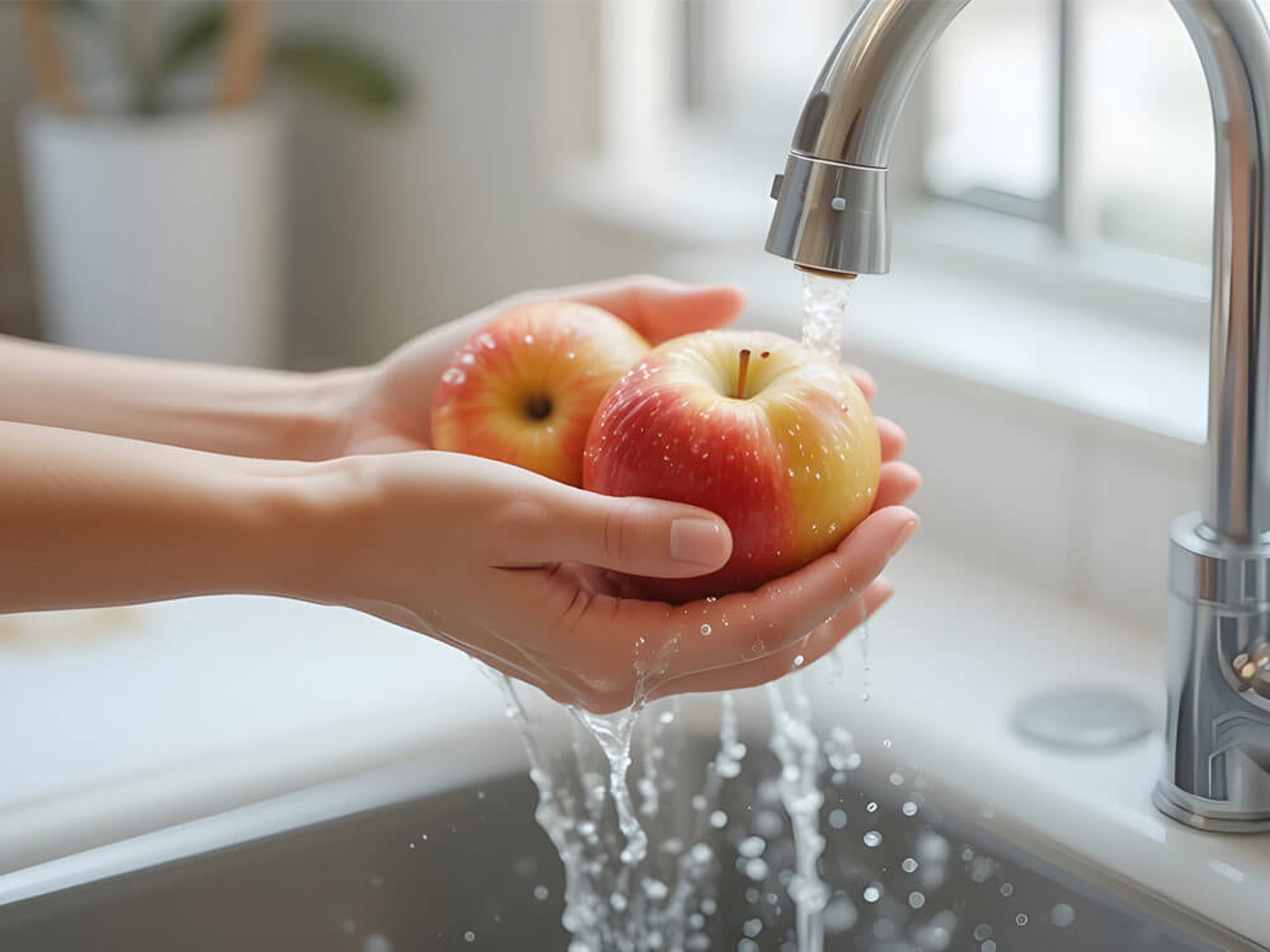 Hände waschen frische Äpfel unter fließendem Wasser – Vorbereitung zum Apfelchips selber machen
