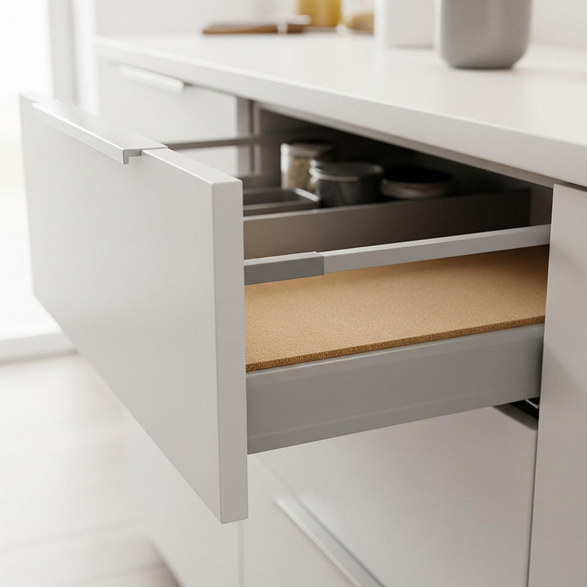 Kork-Antirutschmatte schützt Vorratsschublade, dämpft Geräusche und sorgt für rutschfreie Küchenorganisation