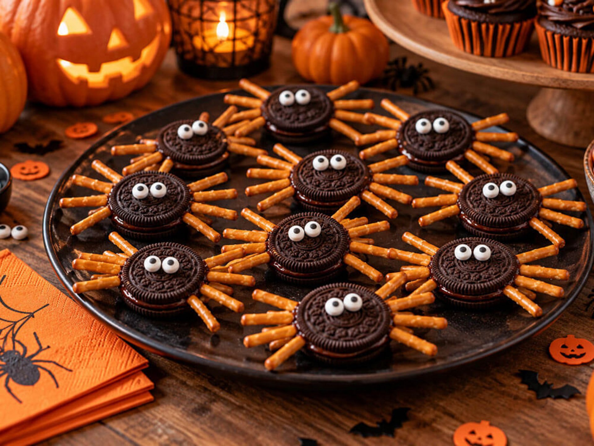 Fertige Schoko-Spinnen mit Salzstangenbeinen und Zuckeraugen auf einem großen Teller zwischen Halloween-Dekoration und Schokomuffins