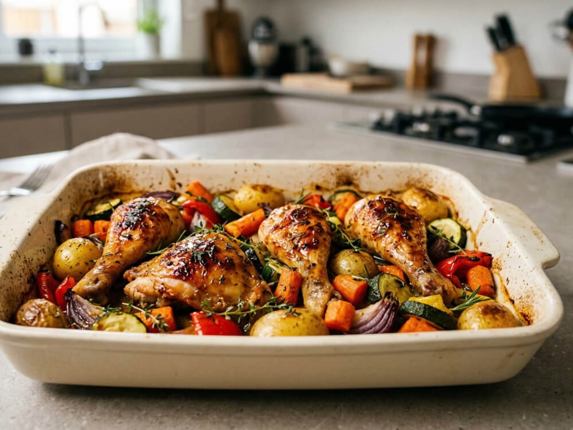 Herzhaftes Ofenhähnchen mit Honig-Senf, Röstkartoffeln und buntem Frühlingsgemüse als einfaches Osteressen für die Familie