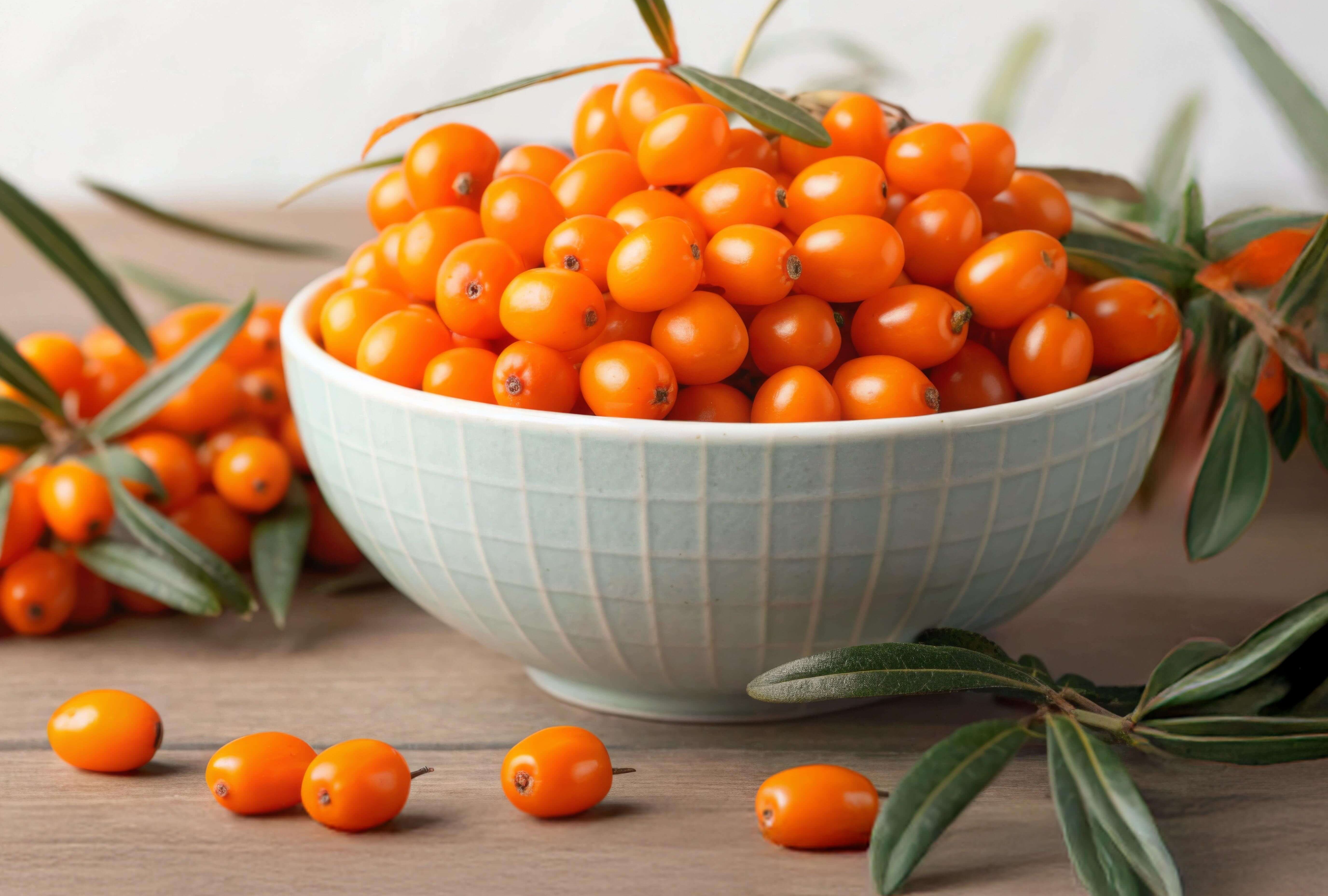 Leuchtend orange Sanddornbeeren als Superfood in einer Schale – Sanddorn Nährstoffe und Gesundheit