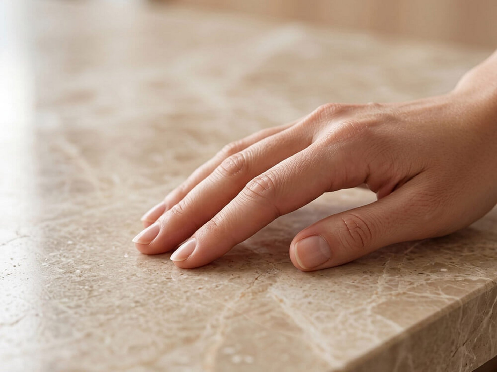 Hand auf heller Naturstein-Arbeitsplatte als Detail einer hochwertigen nachhaltigen Küche