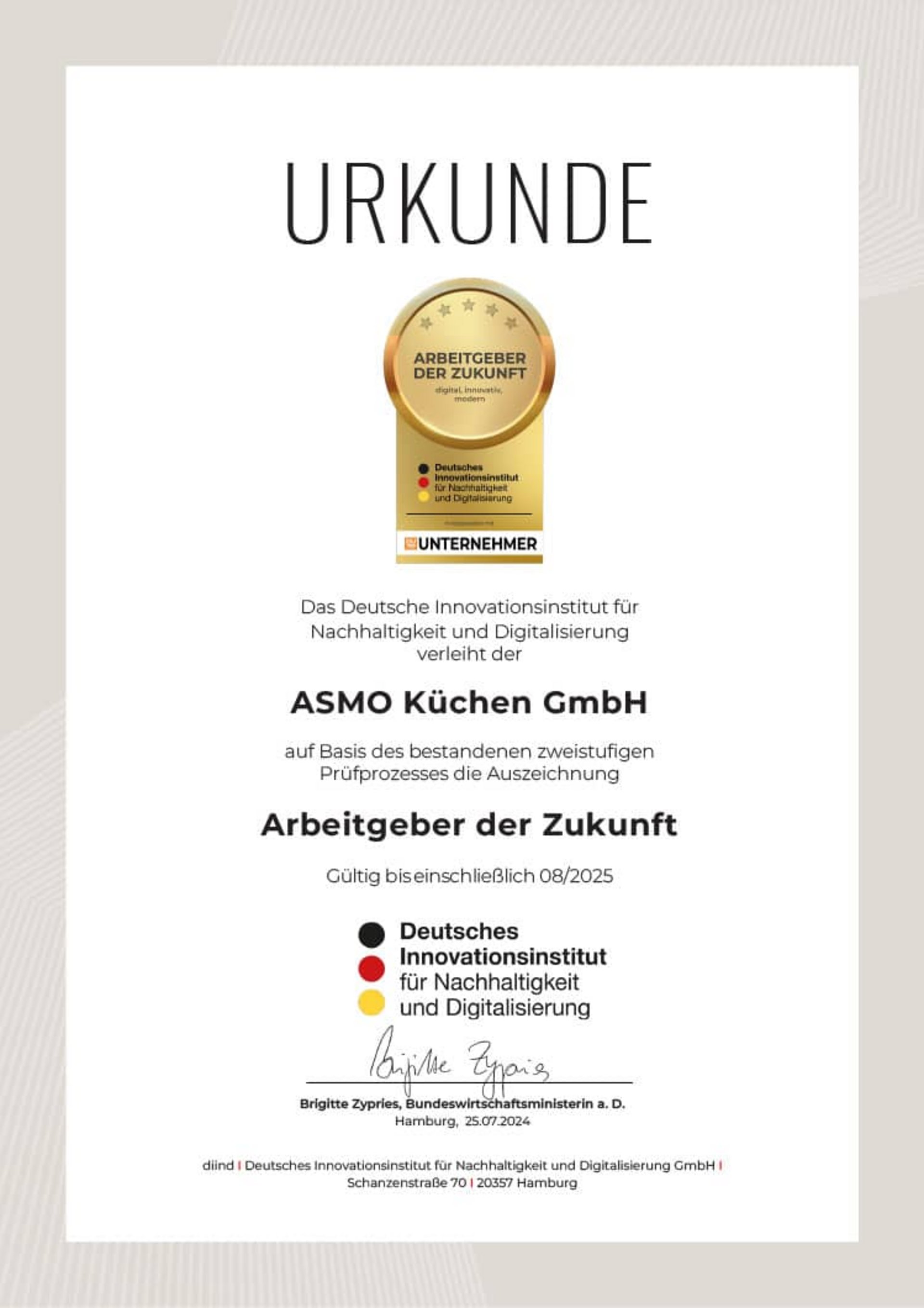 Urkunde Arbeitgeber der Zukunft für ASMO Küchen GmbH, gültig bis August 2025