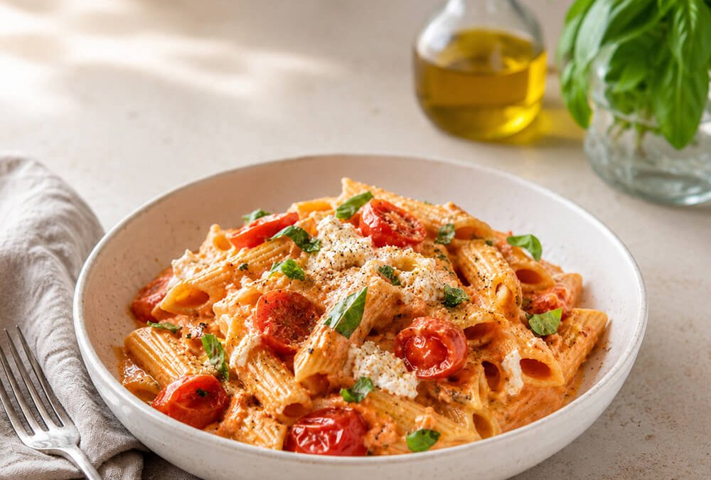 Vegane Tomaten-Ricotta-Pasta mit frischen Tomaten